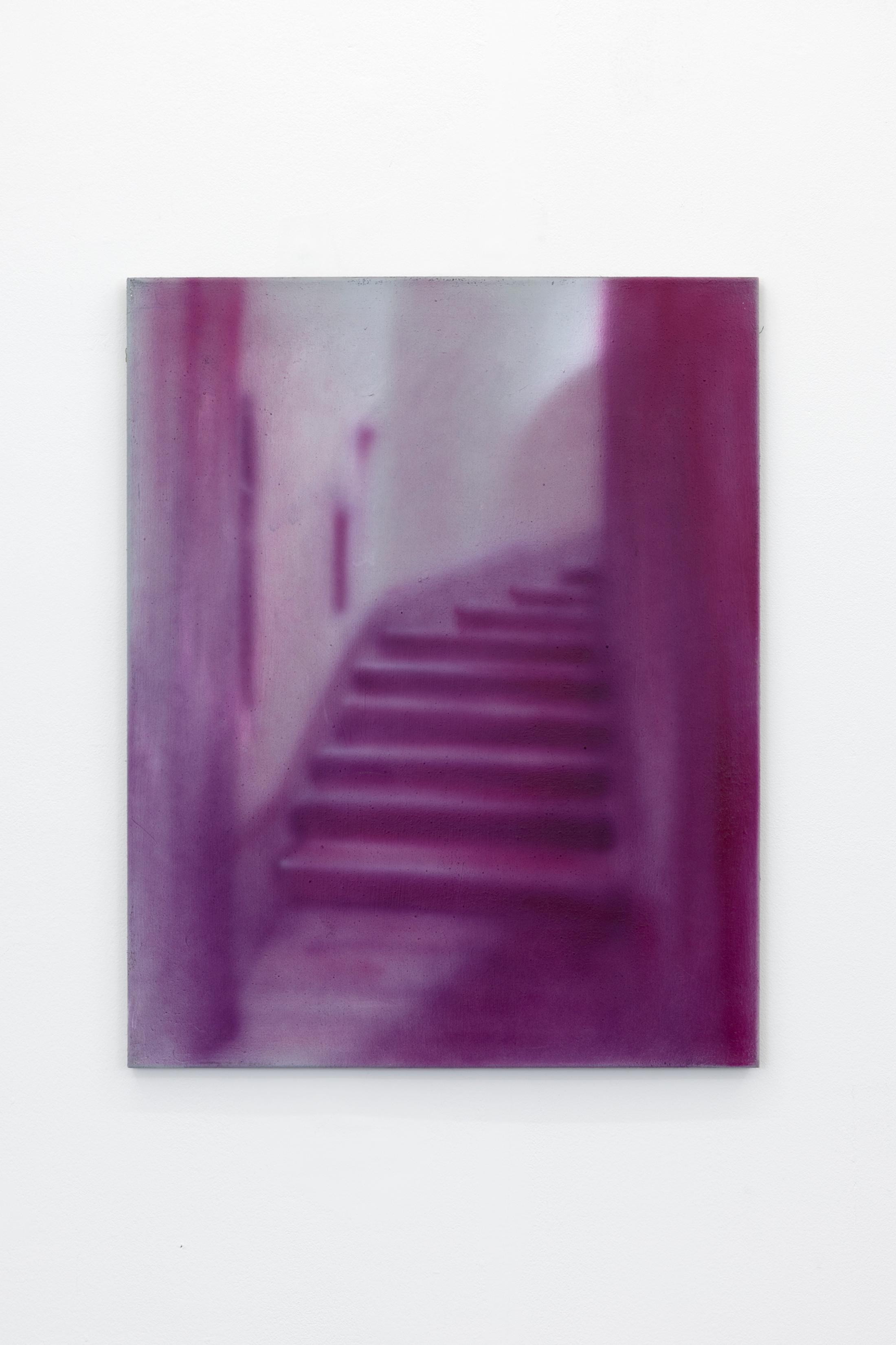 Exhibition View Will Sheldon Solo Show «Luxury Loneliness; view on Will Sheldon, Untitled (Pink), 2022, Airbrushed acrylic on canvas, 76 × 61 cm» at Weiss Falk, Basel, 2022 / Photo: Gina Folly / Courtesy: the artist and Weiss Falk