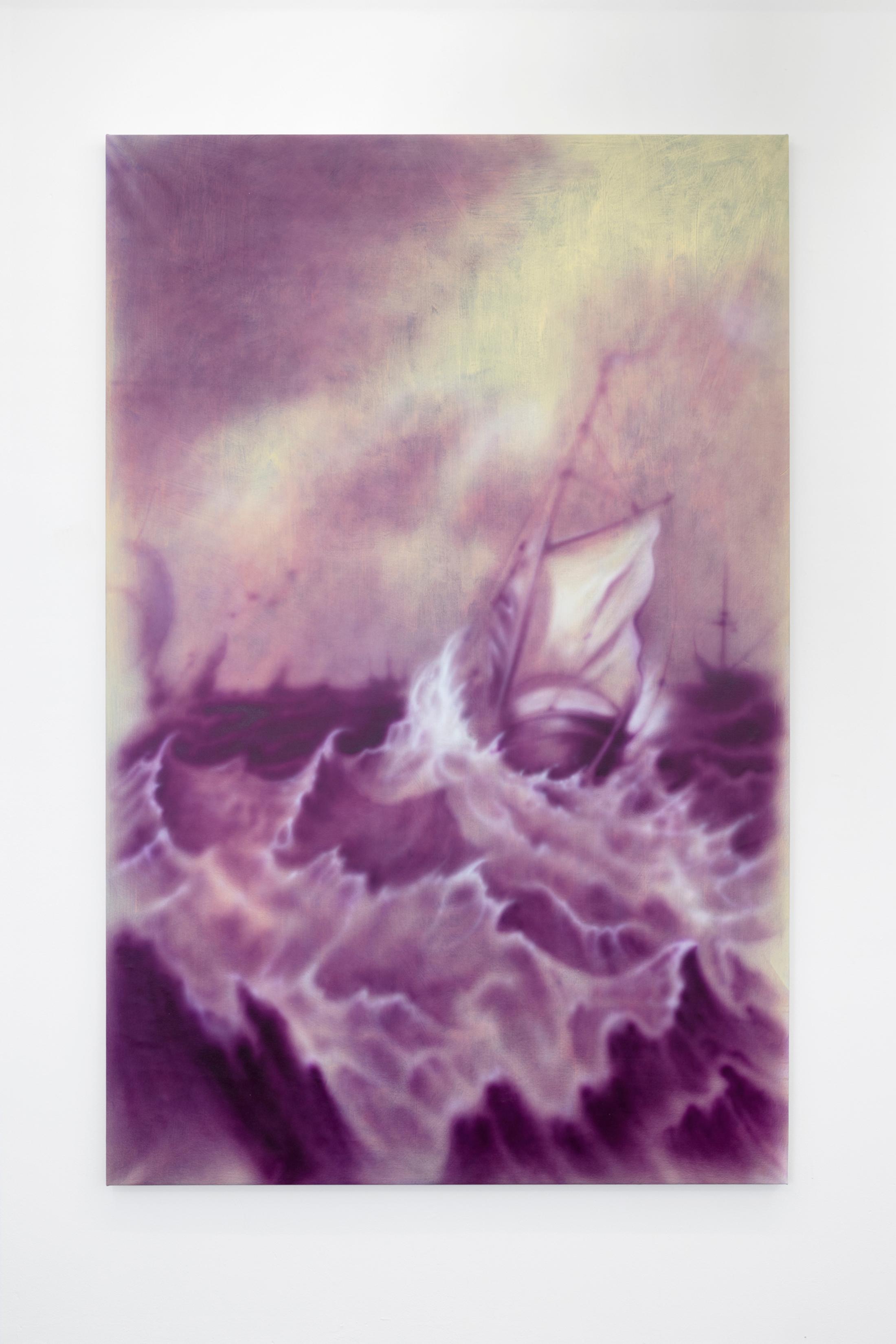 Exhibition View Will Sheldon Solo Show «Luxury Loneliness; view on Will Sheldon, Serenity, 2022, Airbrushed acrylic on canvas, 216 × 140 cm» at Weiss Falk, Basel, 2022 / Photo: Gina Folly / Courtesy: the artist and Weiss Falk