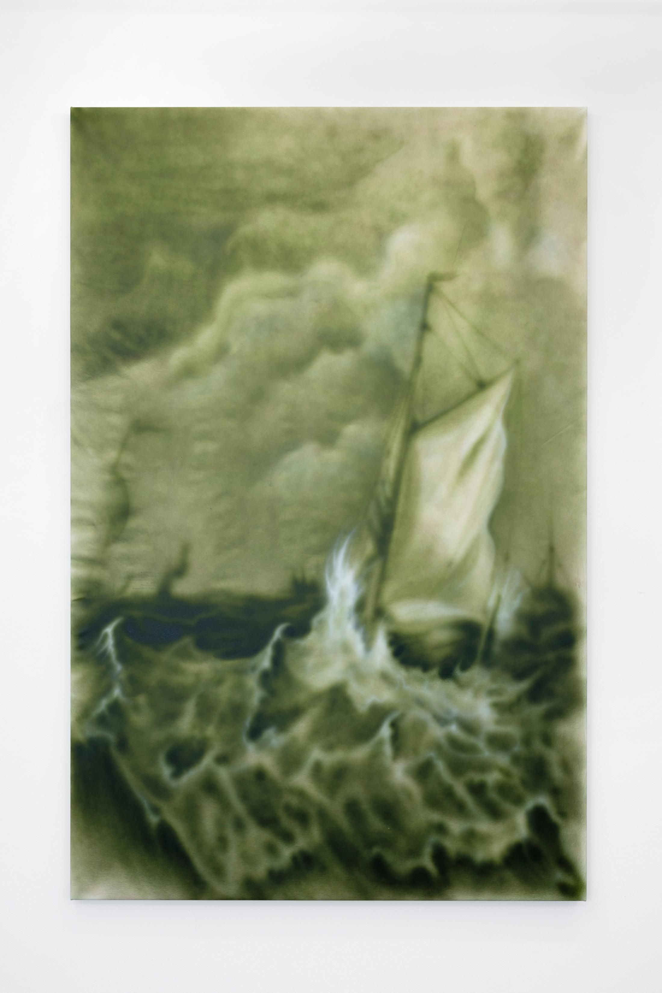 Exhibition View Will Sheldon Solo Show «Luxury Loneliness; view on Will Sheldon, Aurora, 2022, Airbrushed acrylic on canvas, 216 × 140 cm» at Weiss Falk, Basel, 2022 / Photo: Gina Folly / Courtesy: the artist and Weiss Falk