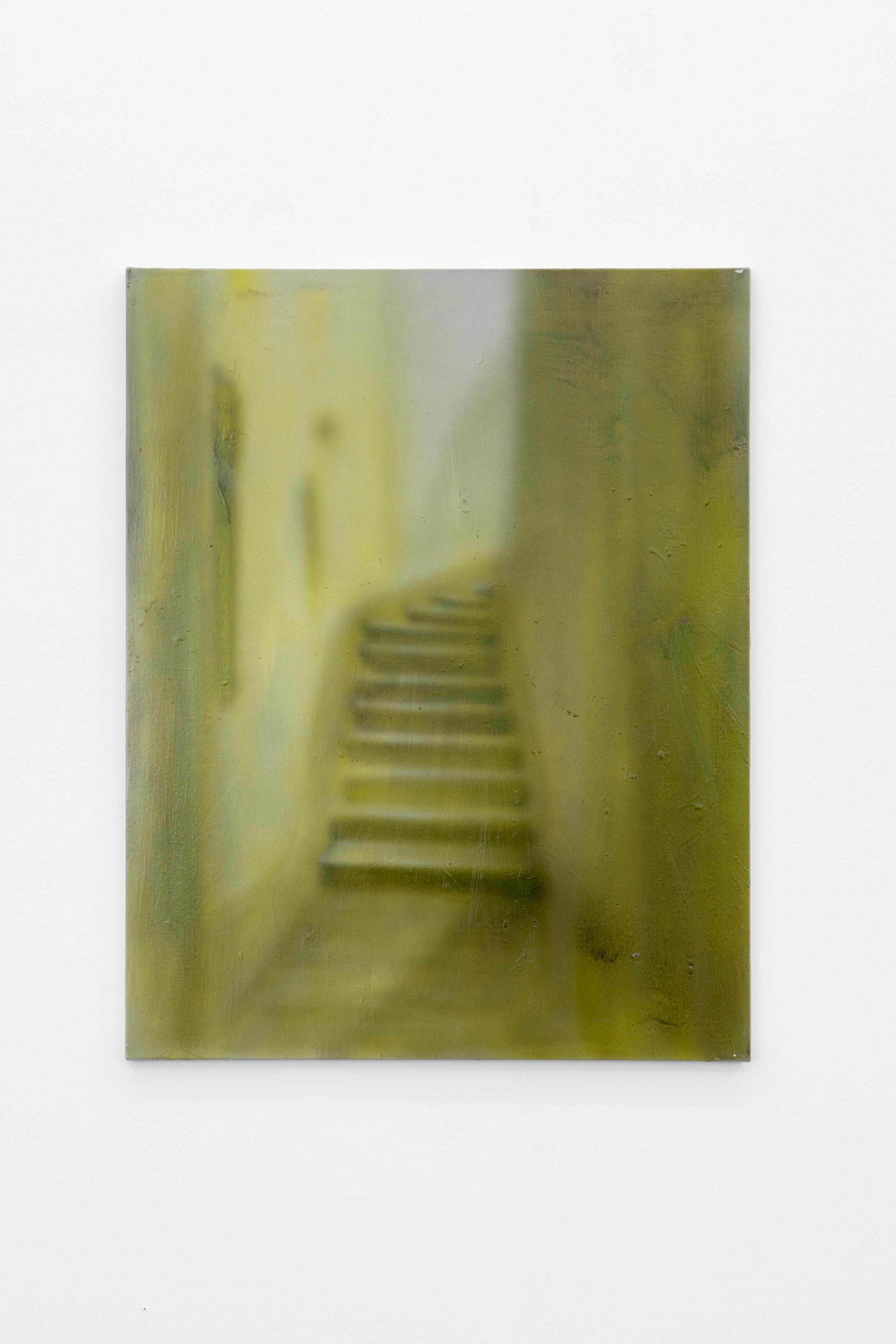 Exhibition View Will Sheldon Solo Show «Luxury Loneliness; view on Will Sheldon, Untitled (Yellow II), 2022, Airbrushed acrylic on canvas, 76 × 63.5 cm» at Weiss Falk, Basel, 2022 / Photo: Gina Folly / Courtesy: the artist and Weiss Falk