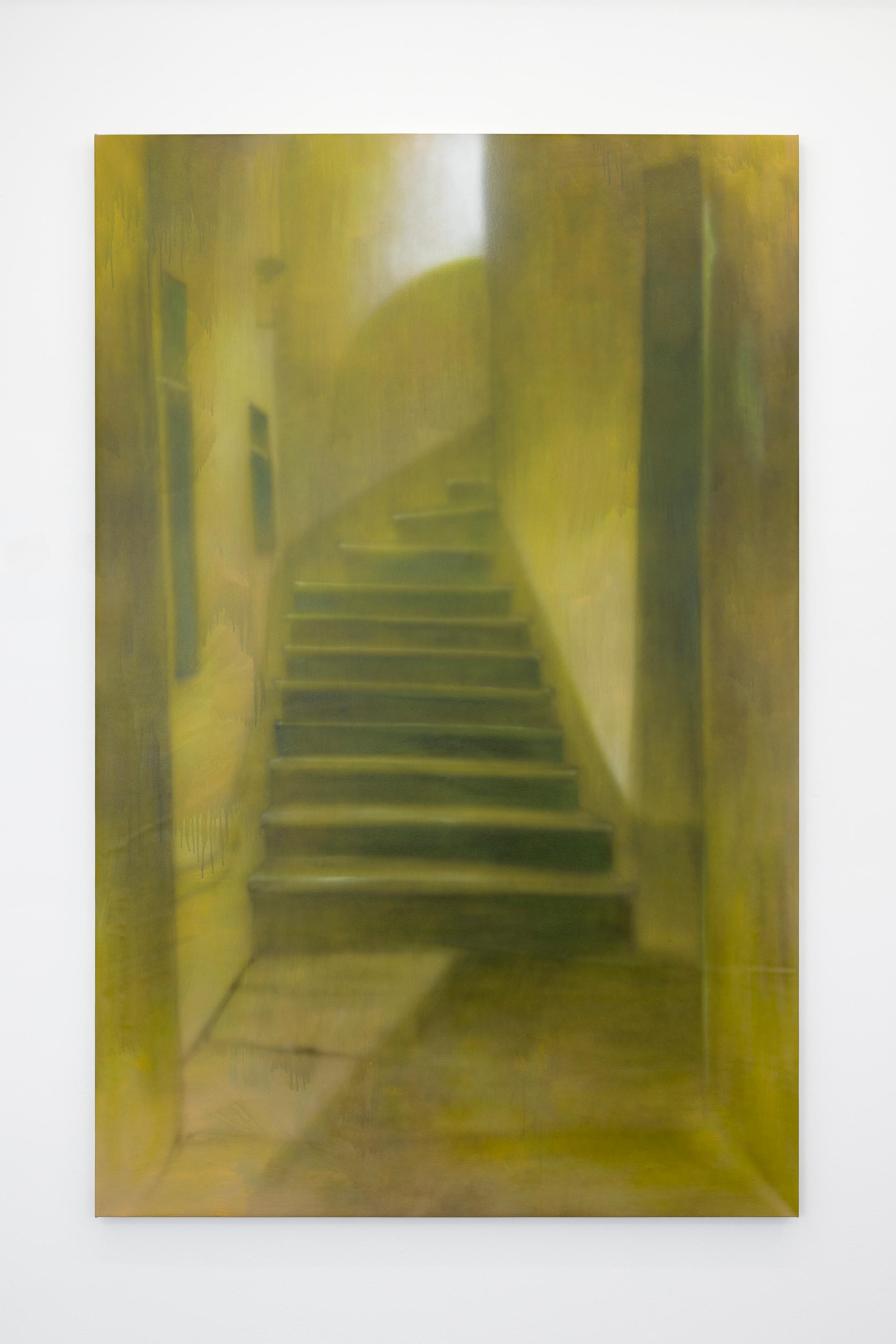 Exhibition View Will Sheldon Solo Show «Luxury Loneliness; view on Will Sheldon, Untitled (Yellow), 2022, Airbrushed acrylic on canvas, 216 × 140 cm» at Weiss Falk, Basel, 2022 / Photo: Gina Folly / Courtesy: the artist and Weiss Falk