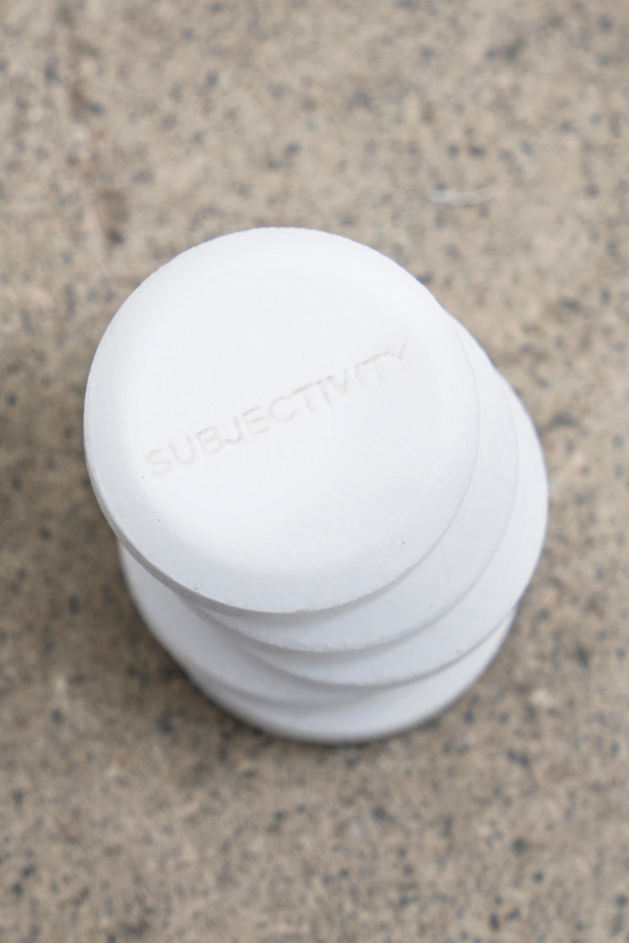 Exhibition View Groupshow «Winds of Change; view on Yamu Wang, To be titled (like a household name pain relief dissolved in a jar of drink, subjectivity), 2020- in progress, effervescent tablet» at Milieu, Bern, 2020 / Courtesy: the artist and Milieu, Bern