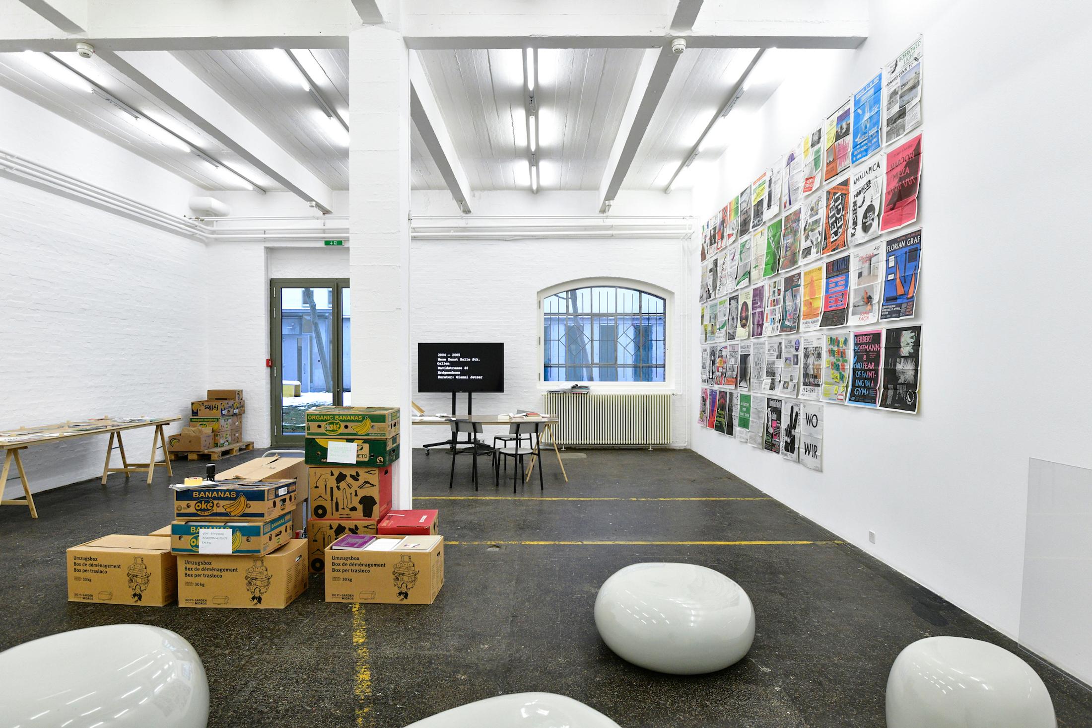Exhibition View Group Show «WO WIR» with the archive of the Kunst Halle Sankt Gallen as a workspace at Kunst Halle Sankt Gallen, St. Gallen, 2020 / Photo: Kunst Halle Sankt Gallen, Sebastian Schaub / Courtesy: the artists and Kunst Halle Sankt Gallen