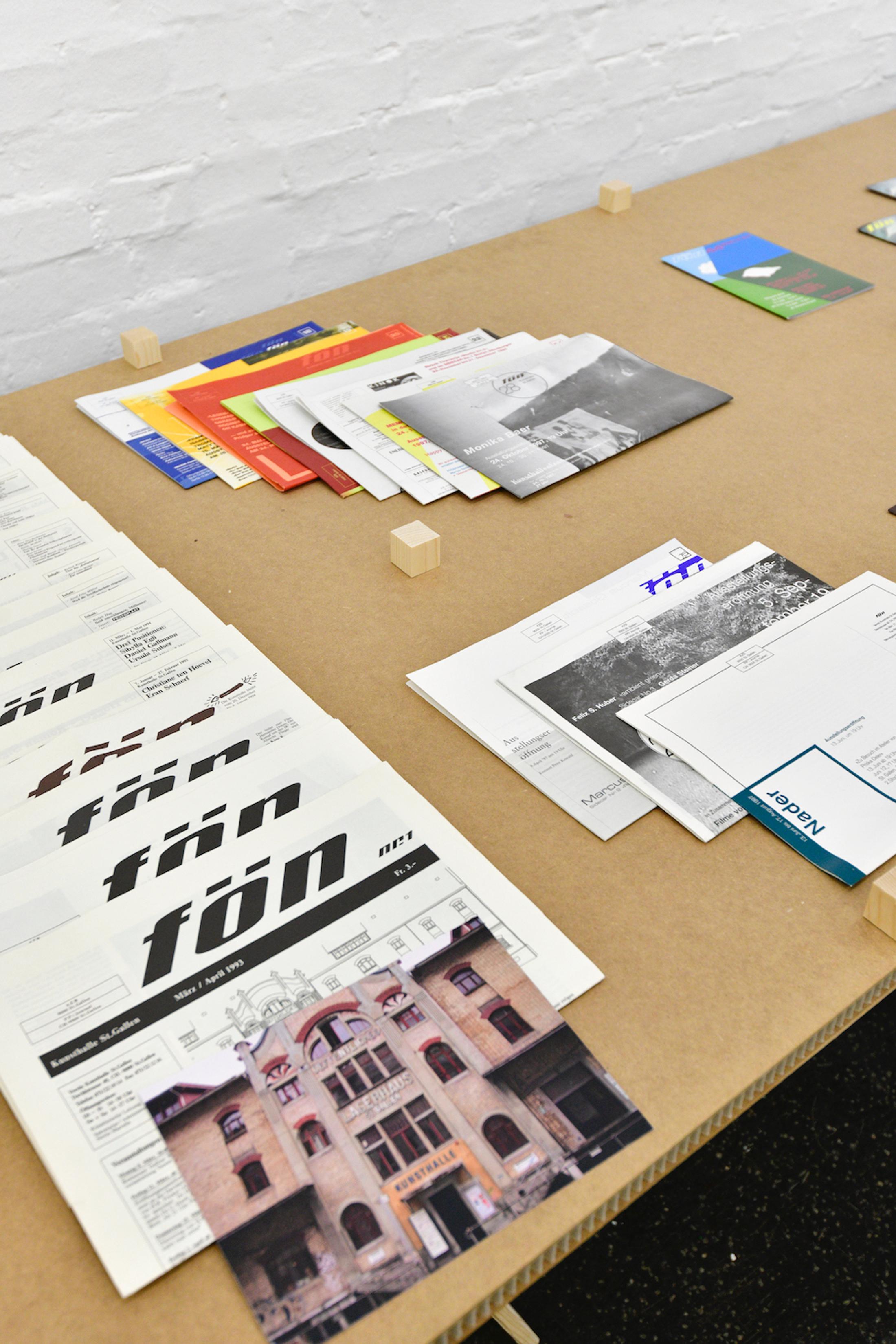 Exhibition View Group Show «WO WIR» with the archive of the Kunst Halle Sankt Gallen as a workspace at Kunst Halle Sankt Gallen, St. Gallen, 2020 / Photo: Kunst Halle Sankt Gallen, Sebastian Schaub / Courtesy: the artists and Kunst Halle Sankt Gallen