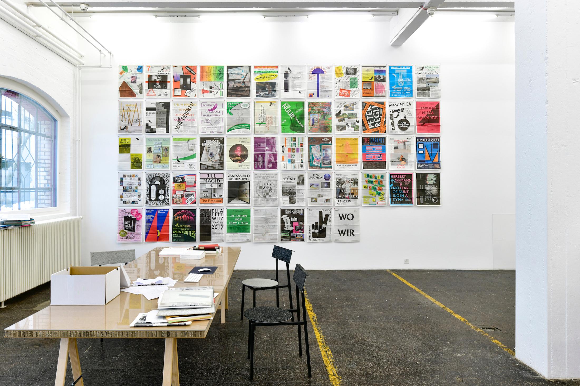 Exhibition View Group Show «WO WIR» with the archive of the Kunst Halle Sankt Gallen as a workspace at Kunst Halle Sankt Gallen, St. Gallen, 2020 / Photo: Kunst Halle Sankt Gallen, Sebastian Schaub / Courtesy: the artists and Kunst Halle Sankt Gallen