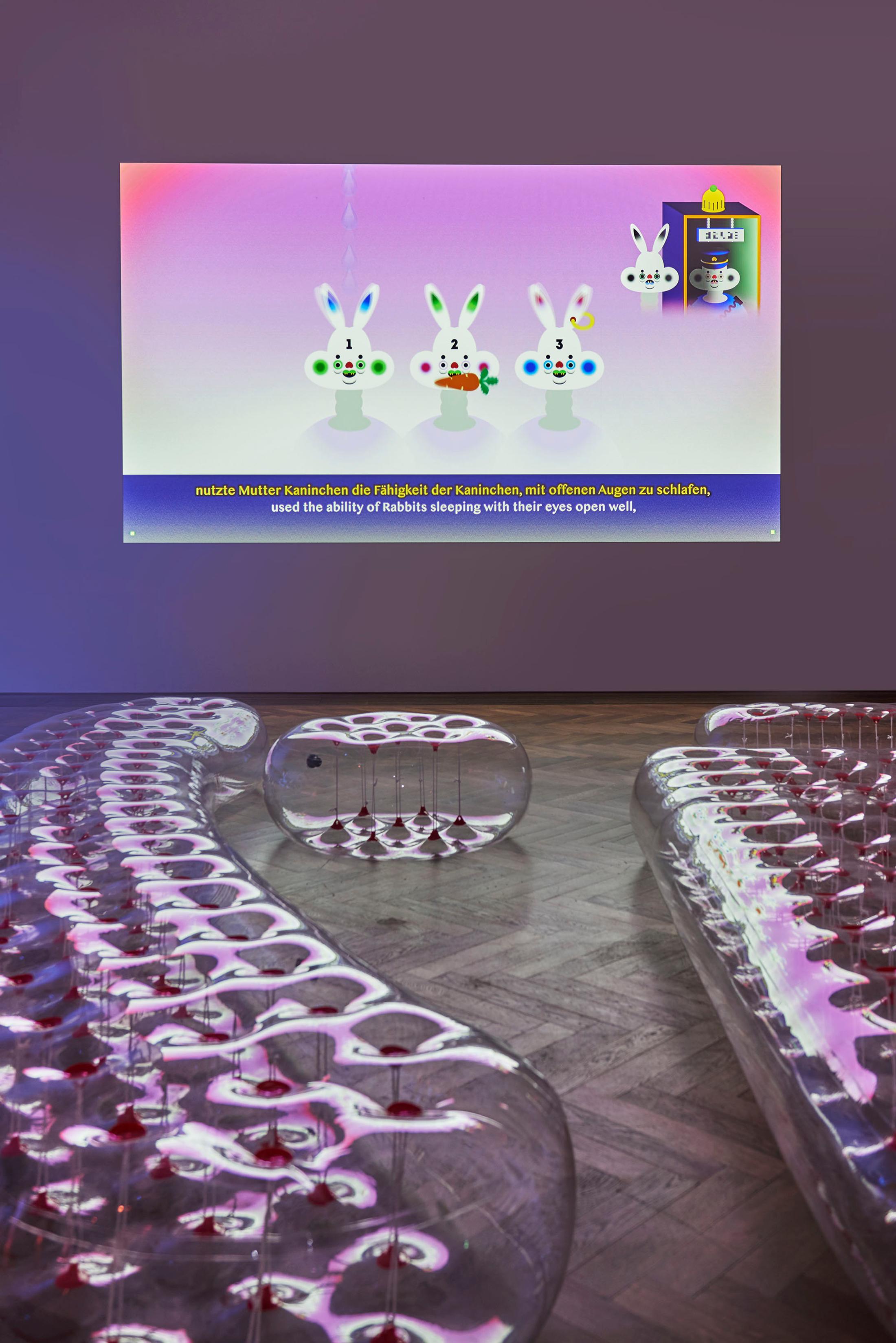 Exhibition View Wong Ping Soloshow «Golden Shower / view on Wong Ping’s Fables 2, 2019» at Kunsthalle Basel, 2019 / Photo: Philipp Hänger / Kunsthalle Basel