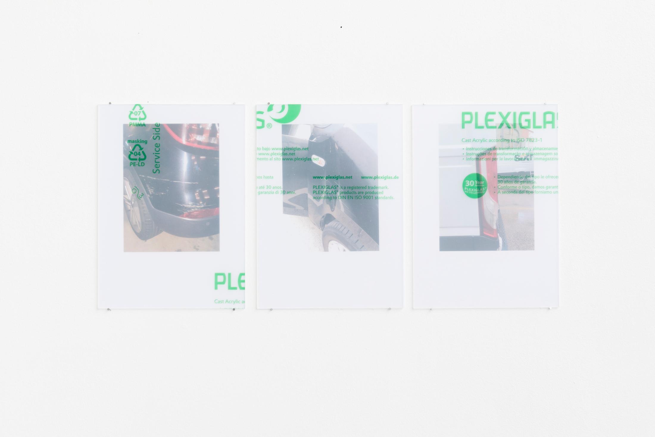 Exhibition View Yvan Alvarez & Paul Hutzli Duo Show «Why do pizza boxes have a square shape?; view on Yvan Alvarez, Insurance shots, 2020, laser print, plexiglass, 29,7 x 21 cm» at Soul2Soul, Ressources Urbaines, Geneva, 2020 / © Yvan Alvarez / Courtesy: the artists