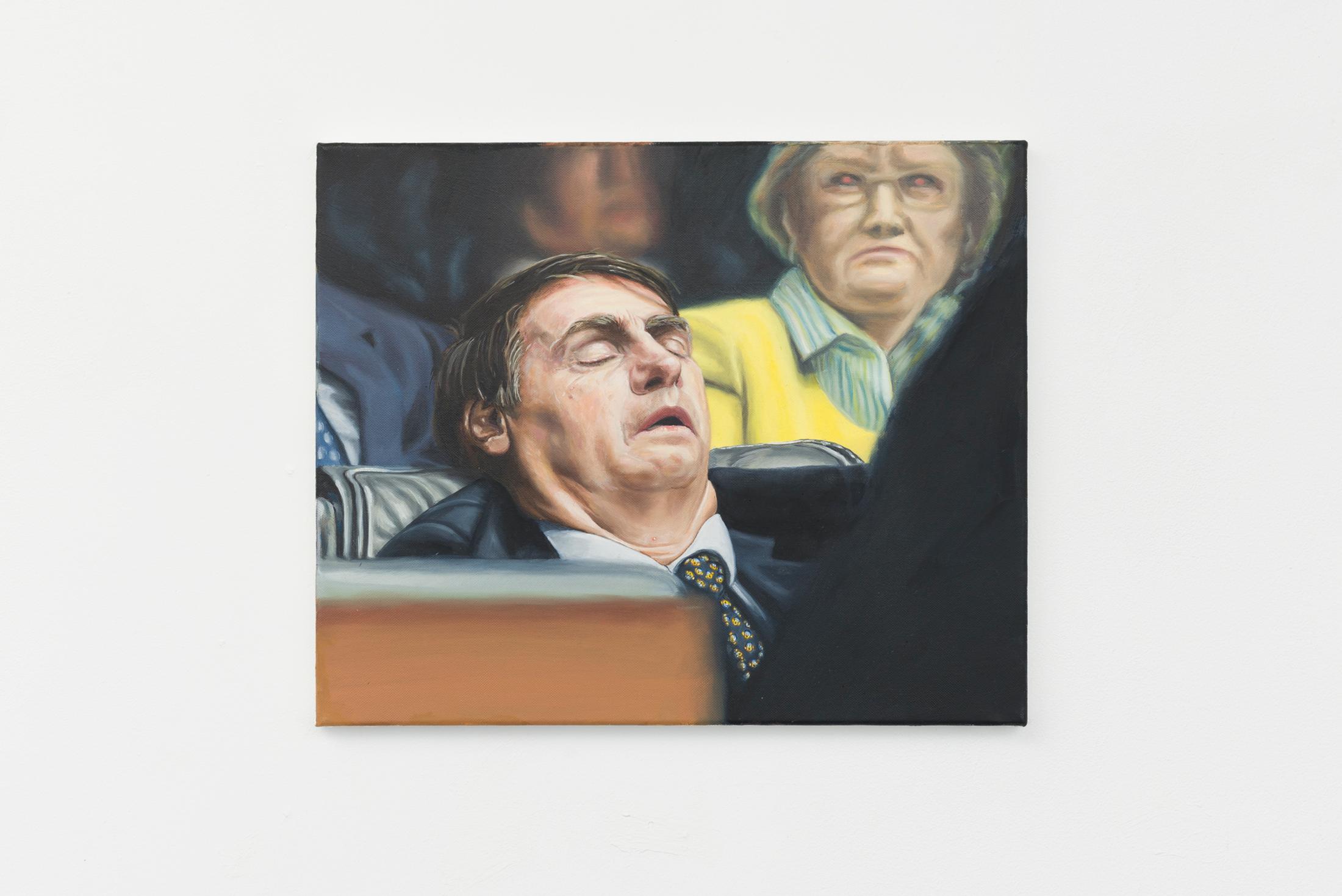 Exhibition View Yvan Alvarez & Paul Hutzli Duo Show «Why do pizza boxes have a square shape?; view on Paul Hutzli, The lion sleeps tonight, 2020, oil on canvas, 45 x 38 cm» at Soul2Soul, Ressources Urbaines, Geneva, 2020 / © Yvan Alvarez / Courtesy: the artists