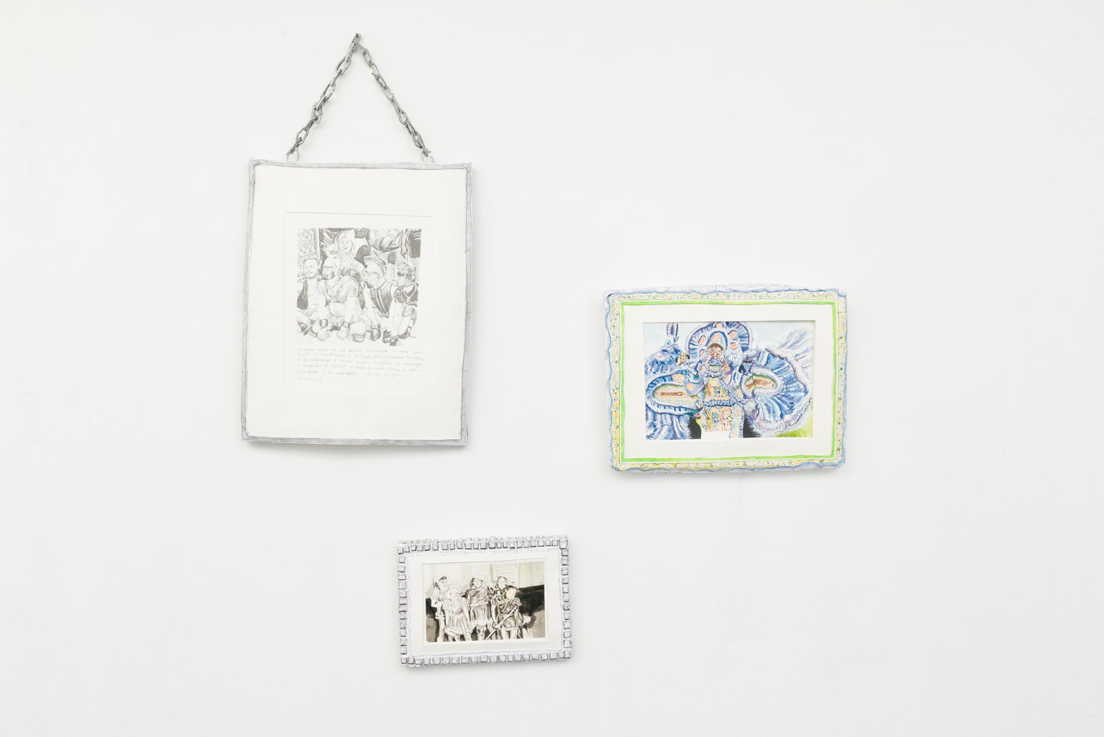 Exhibition View Yvan Alvarez & Paul Hutzli Duo Show «Why do pizza boxes have a square shape?; view on Paul Hutzli, Carnival and self-defense, 2018, series of drawings with paper-mâché frames» at Soul2Soul, Ressources Urbaines, Geneva, 2020 / © Yvan Alvarez / Courtesy: the artists