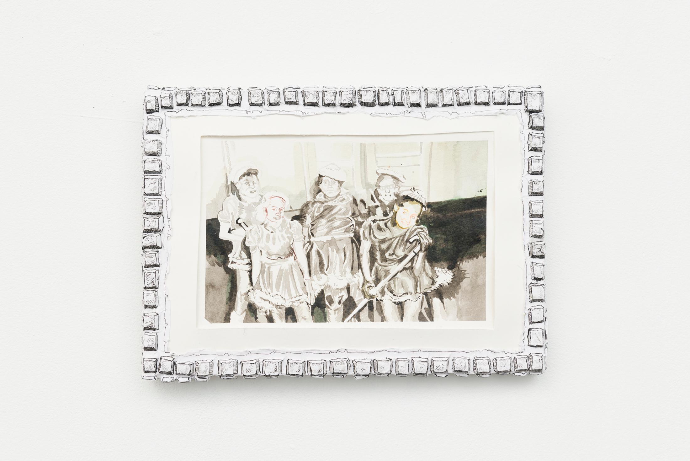 Exhibition View Yvan Alvarez & Paul Hutzli Duo Show «Why do pizza boxes have a square shape?; view on Paul Hutzli, The million dollar baby dolls, 2018, ink on paper, 20 x 30cm» at Soul2Soul, Ressources Urbaines, Geneva, 2020 / © Yvan Alvarez / Courtesy: the artists