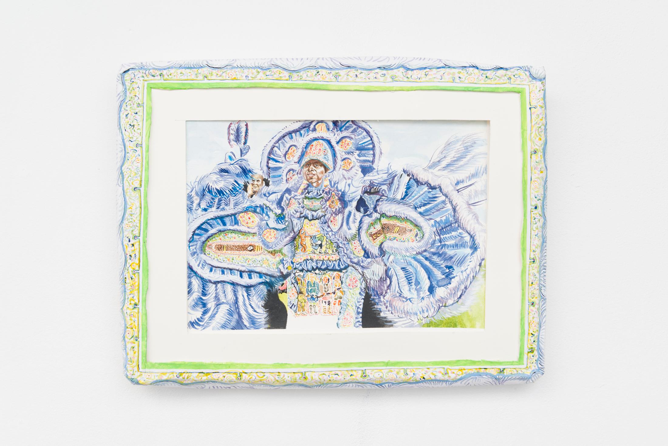 Exhibition View Yvan Alvarez & Paul Hutzli Duo Show «Why do pizza boxes have a square shape?; view on Paul Hutzli, Zulu social aid and pleasure club, 2018, aquarelle on paper, 30 x 45cm» at Soul2Soul, Ressources Urbaines, Geneva, 2020 / © Yvan Alvarez / Courtesy: the artists