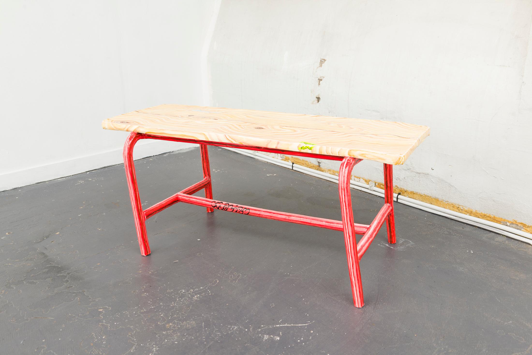 Exhibition View Yvan Alvarez & Paul Hutzli Duo Show «Why do pizza boxes have a square shape?; view on Paul Hutzli, A.A.A.B." (Bench), 2019, paper-mâché, painting, 120 x 25 x 45cm» at Soul2Soul, Ressources Urbaines, Geneva, 2020 / © Yvan Alvarez / Courtesy: the artists