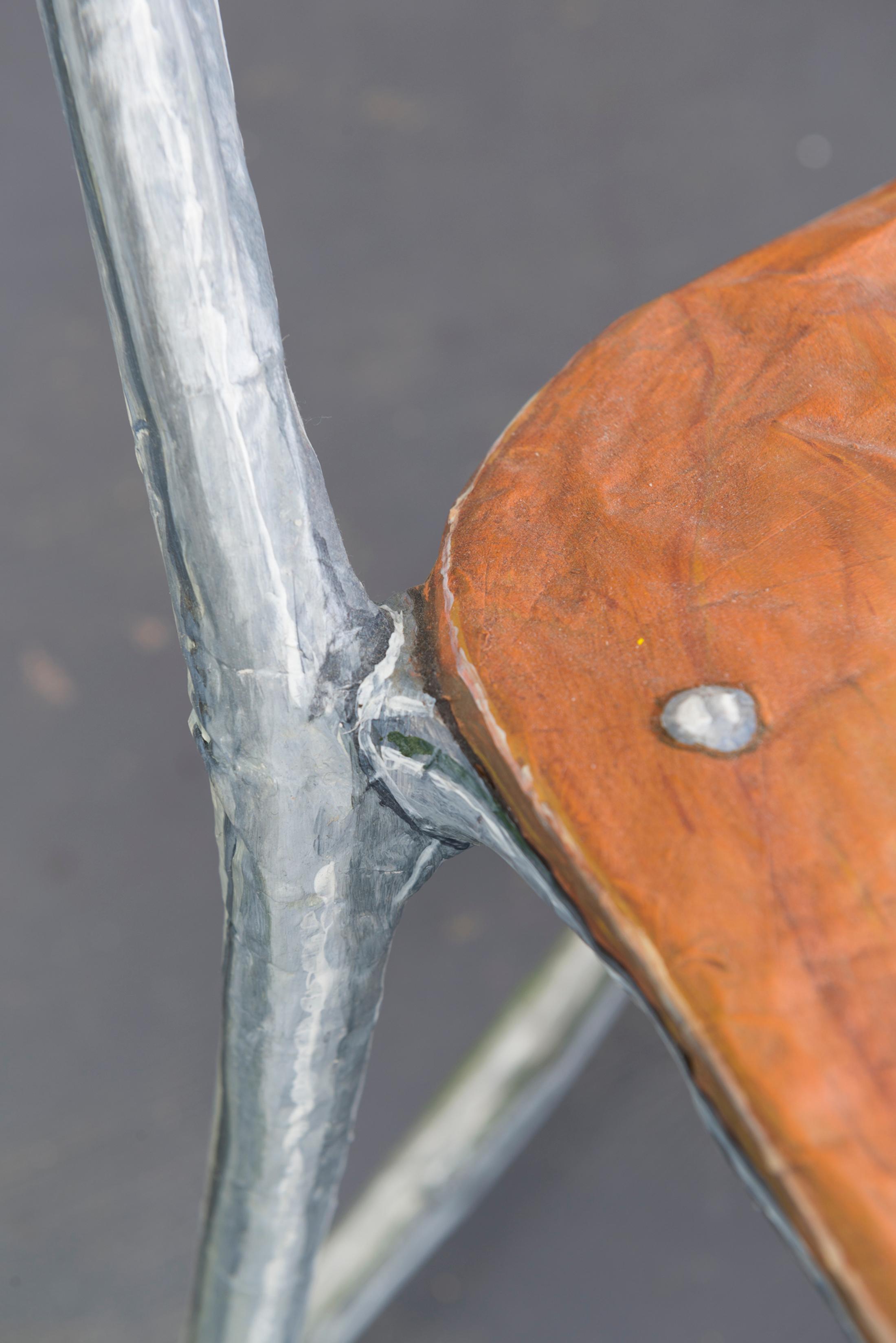 Exhibition View Yvan Alvarez & Paul Hutzli Duo Show «Why do pizza boxes have a square shape?; view on Paul Hutzli, A.A.A.B." (Chair), 2019, (detail), paper-mâché, painting, 65 x 40 x 70cm» at Soul2Soul, Ressources Urbaines, Geneva, 2020 / © Yvan Alvarez / Courtesy: the artists