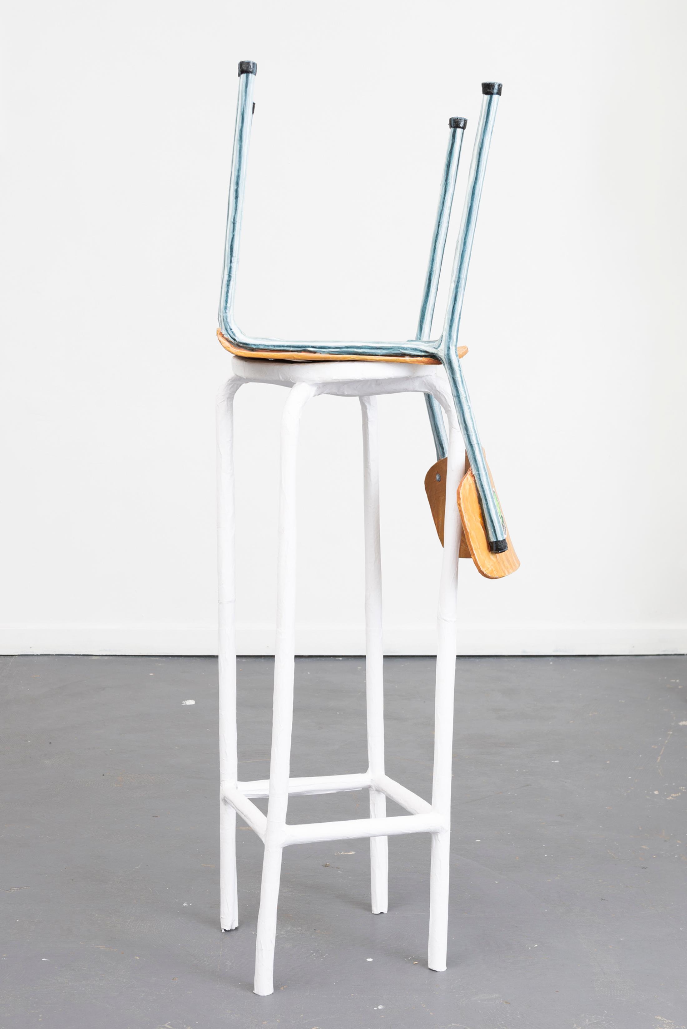 Exhibition View Yvan Alvarez & Paul Hutzli Duo Show «Why do pizza boxes have a square shape?; view on Paul Hutzli, A.A.A.B." (Chair), 2019, chewing-gum, 40 x 47x 76cm» at Soul2Soul, Ressources Urbaines, Geneva, 2020 / © Yvan Alvarez / Courtesy: the artists