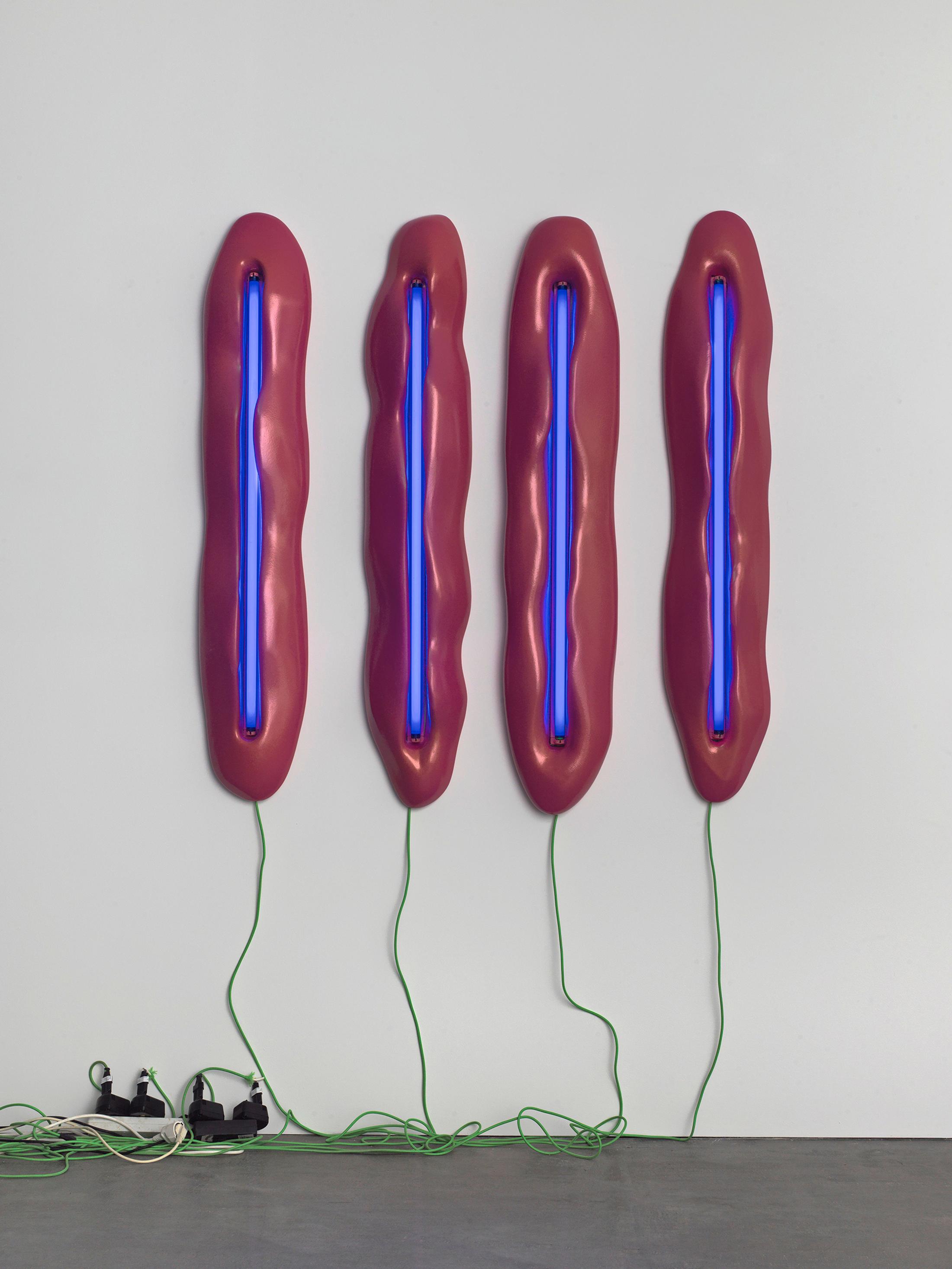 Exhibition View Yves Scherer Solo Show «Candids; view on Yves Scherer, Lamps (1-3), 2017, Resin, Acrylic Paint, Fluorescent Lights, Gel, 3 parts: each 120 x 15 x 12 cm» at Kunsthaus Grenchen, Grenchen, 2020 / Photo: Roman März / Courtesy: the artist and Kunsthaus Grenchen