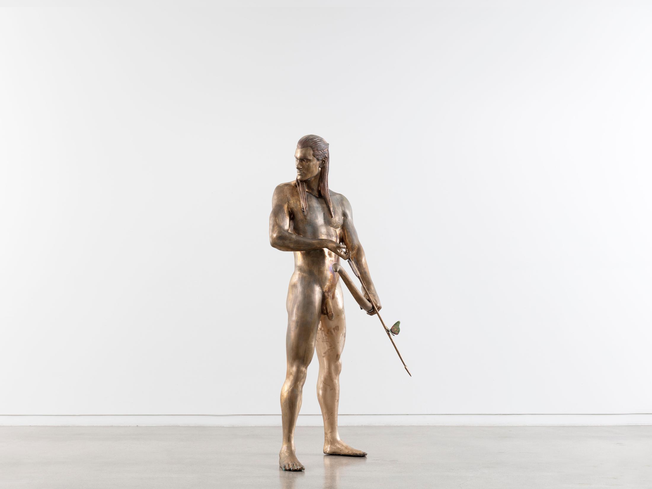 Exhibition View Yves Scherer Solo Show «Candids; view on Yves Scherer, Legolas, 2018, Bronze, Acrylic Paint, 185 x 80 x 65 cm» at Kunsthaus Grenchen, Grenchen, 2020 / Photo: Christian Tunge / Courtesy: the artist and Kunsthaus Grenchen