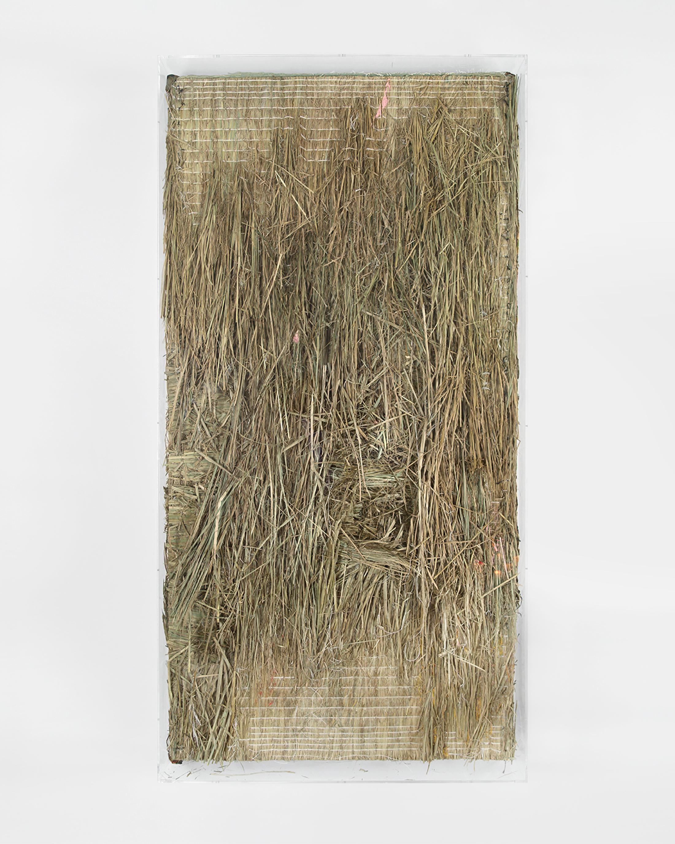 Exhibition View Yves Scherer Solo Show «Candids; view on Yves Scherer, Untitled (Primal), 2018. Tatami Mat, Wood, Oil Paint, Plexiglass, 90 x 180 x 12 cm» at Kunsthaus Grenchen, Grenchen, 2020 / Photo: Yves Scherer / Courtesy: the artist and Kunsthaus Grenchen