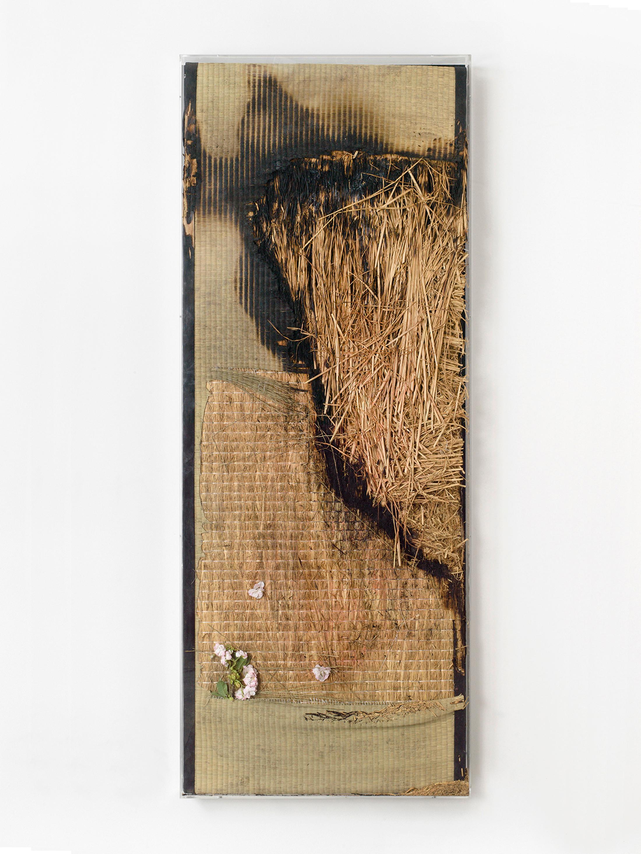 Exhibition View Yves Scherer Solo Show «Candids; view on Yves Scherer, Untitled (Spring Blossom), 2014. Tatami Mat, Fake Flowers, Wood, Plexiglass, 200 x 90 x 12 cm» at Kunsthaus Grenchen, Grenchen, 2020 / Photo: Roman März / Courtesy: the artist and Kunsthaus Grenchen