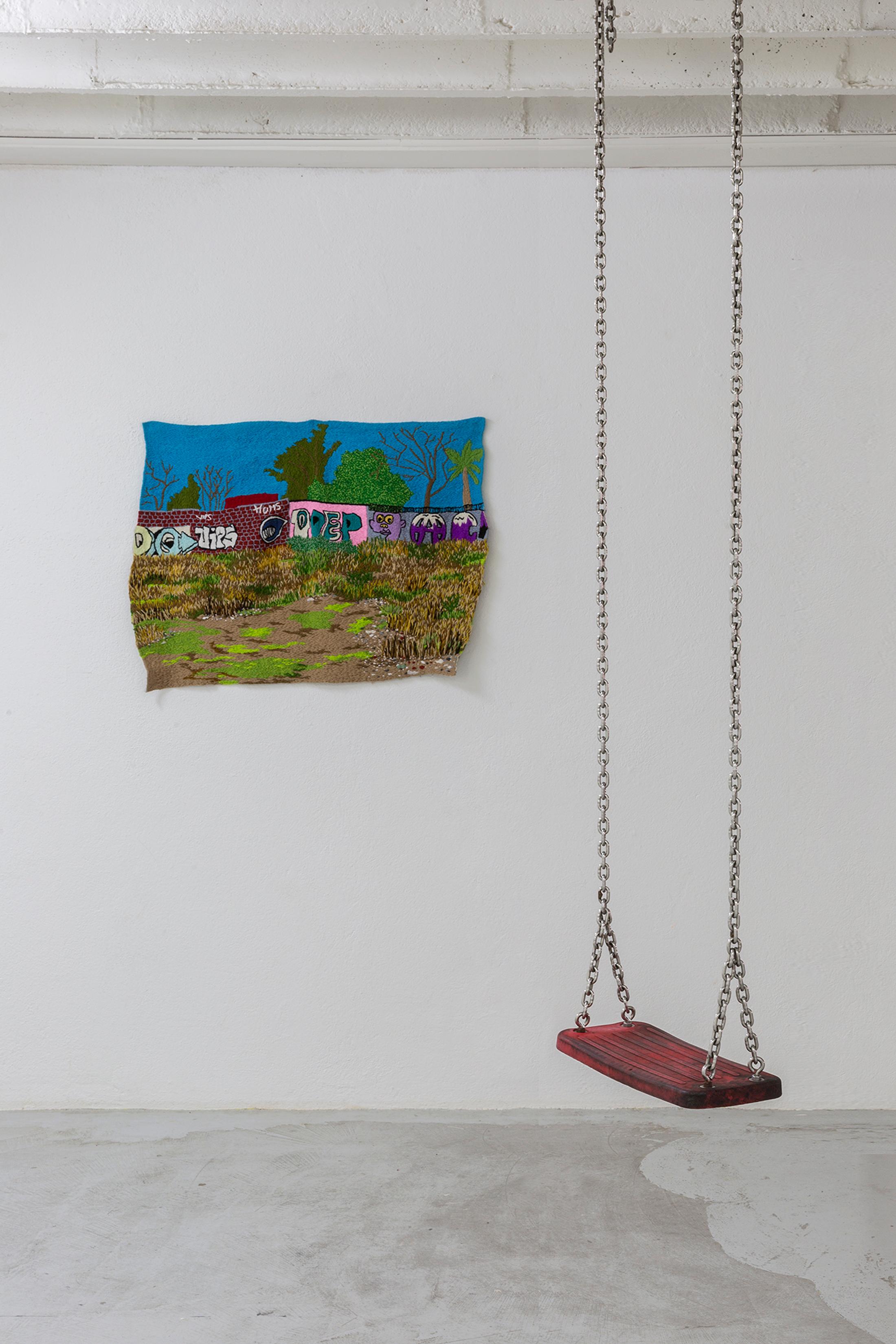 Exhibition View Group Show «Shifting Destinations» at 13 Vitrine hosted by L'Espace du Fond, Lausanne, 2023 / Photo: 13 Vitrine / Courtesy: the artists and 13 Vitrine