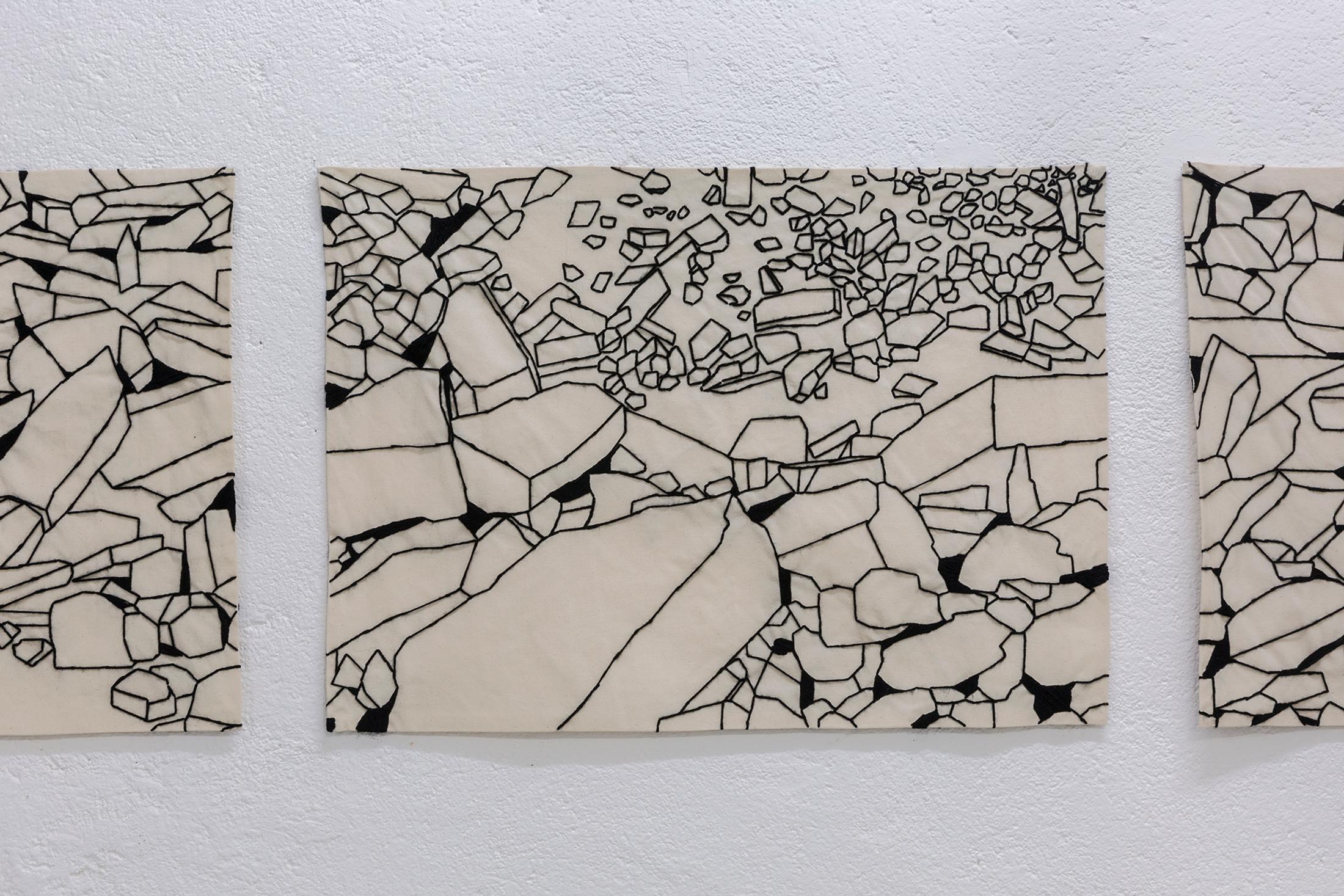 Exhibition View Group Show «Shifting Destinations; view on Claudia Gutérrez Marfull, Rubbles II» at 13 Vitrine hosted by L'Espace du Fond, Lausanne, 2023 / Photo: 13 Vitrine / Courtesy: the artist and 13 Vitrine