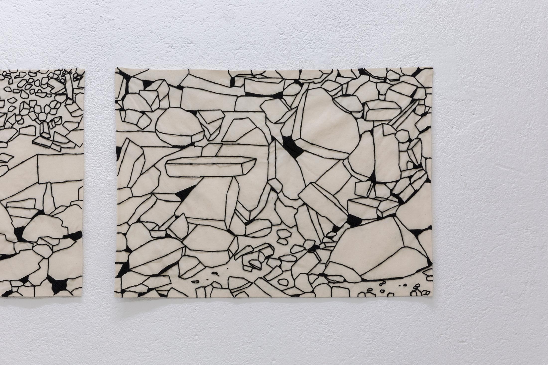 Exhibition View Group Show «Shifting Destinations; view on Claudia Gutérrez Marfull, Rubbles III» at 13 Vitrine hosted by L'Espace du Fond, Lausanne, 2023 / Photo: 13 Vitrine / Courtesy: the artist and 13 Vitrine