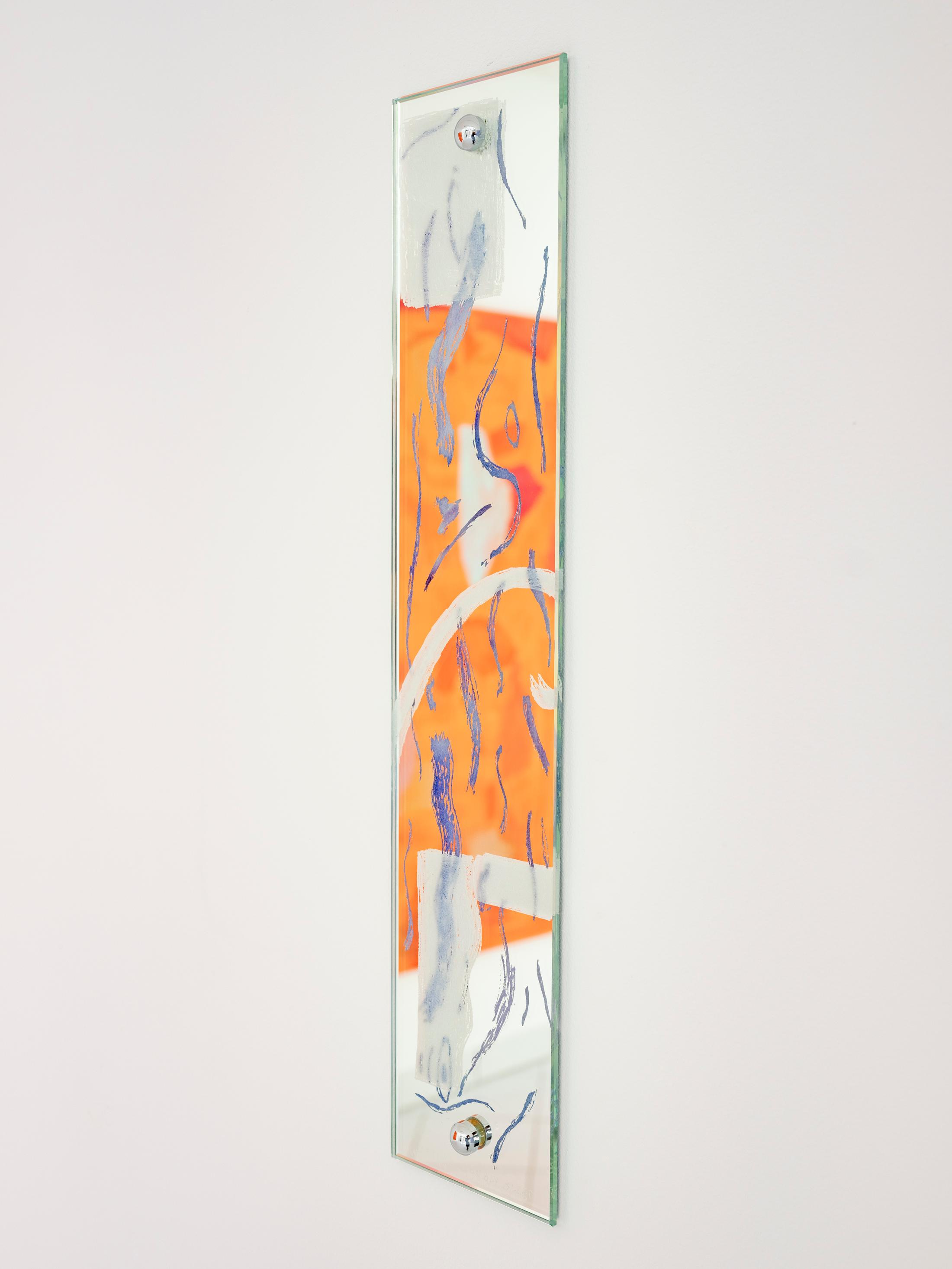 Exhibition View Zoé de Soumagnat Solo Show «The waters doubly sleep; view on Zoé de Soumagnat, Rayon I, 10 x 30 cm, Engraved and painted mirror, 2022» at A. Romy Gallery, Zurich, 2022 / Photo: Philip Frowein / Courtesy: the artist and A. Romy Gallery