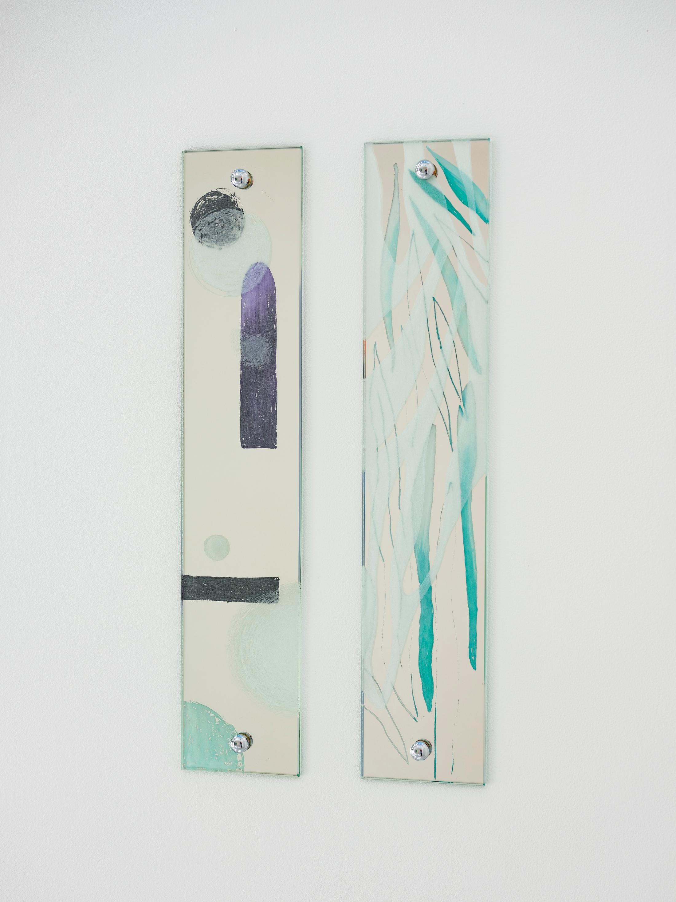 Exhibition View Zoé de Soumagnat Solo Show «The waters doubly sleep; view on Zoé de Soumagnat, Rayon II & III, 10 x 30 cm, Engraved and painted mirror, 2022» at A. Romy Gallery, Zurich, 2022 / Photo: Philip Frowein / Courtesy: the artist and A. Romy Gallery