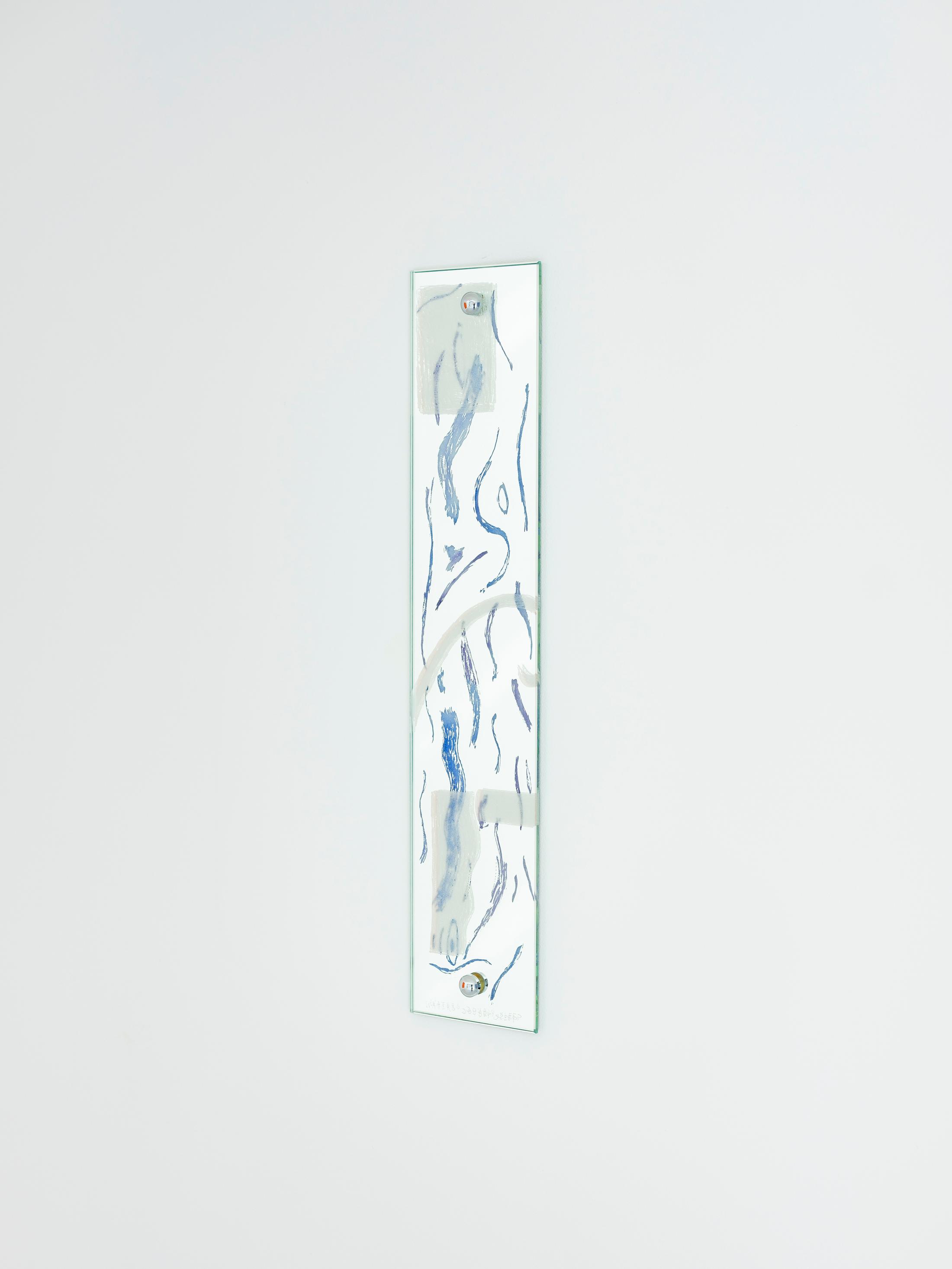 Exhibition View Zoé de Soumagnat Solo Show «The waters doubly sleep; view on Zoé de Soumagnat, Rayon I, 10 x 30 cm, Engraved and painted mirror, 2022» at A. Romy Gallery, Zurich, 2022 / Photo: Philip Frowein / Courtesy: the artist and A. Romy Gallery