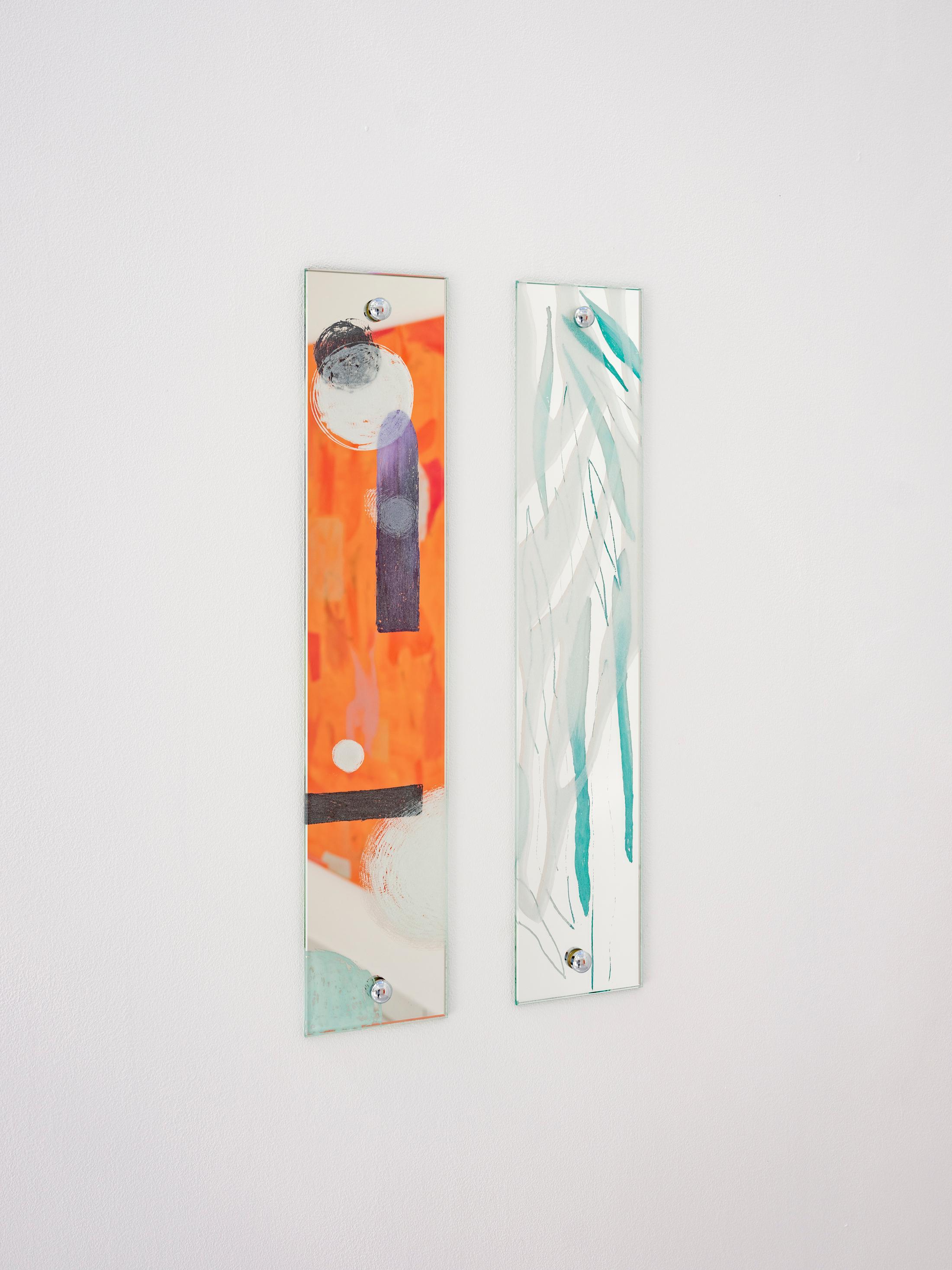 Exhibition View Zoé de Soumagnat Solo Show «The waters doubly sleep; view on Zoé de Soumagnat, Rayon II & III, 10 x 30 cm, Engraved and painted mirror, 2022» at A. Romy Gallery, Zurich, 2022 / Photo: Philip Frowein / Courtesy: the artist and A. Romy Gallery