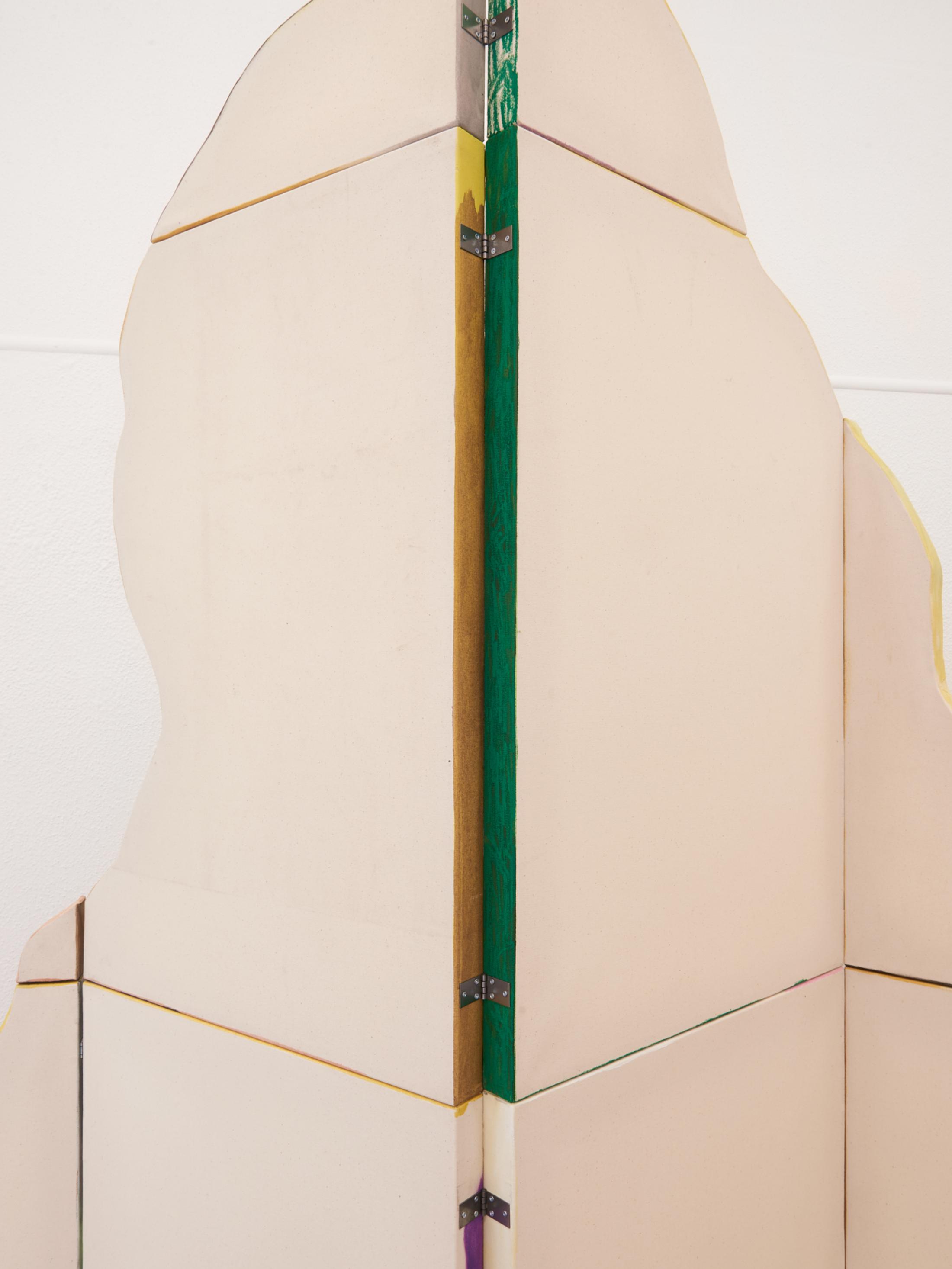 Exhibition View Group Show «A Drop Meant to Become a Stalactite, But Fell on the Seeker's Tor; view on Linus Baumeler, Crawling towards the cave’s horizon, 2023, Oil pastel, Acrylic, Oil paint, Charcoal, Cotton, Wood» at Krone Couronne, Biel, 2023 / Photo: Thalles Piaget / Courtesy: the artist and Krone Couronne