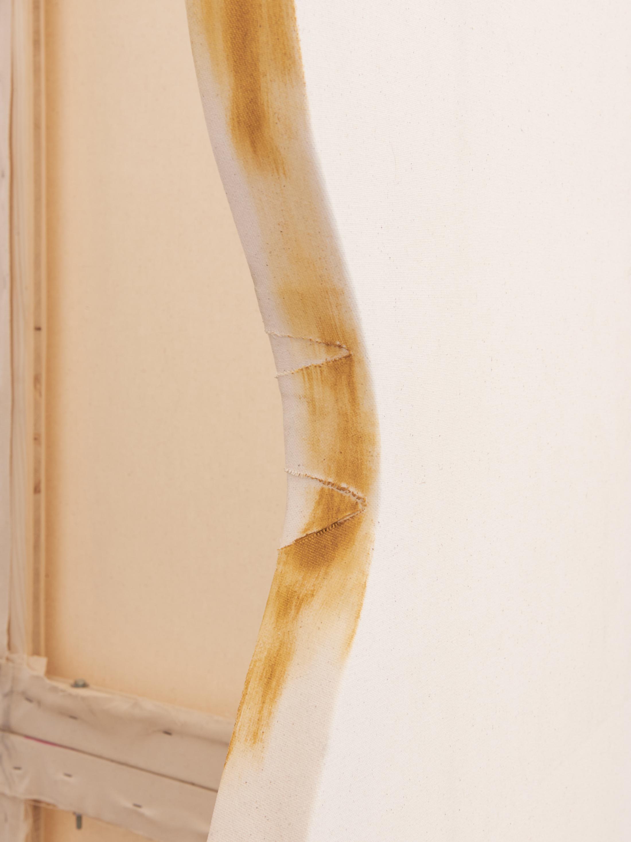 Exhibition View Group Show «A Drop Meant to Become a Stalactite, But Fell on the Seeker's Tor; view on Linus Baumeler, Crawling towards the cave’s horizon, 2023, Oil pastel, Acrylic, Oil paint, Charcoal, Cotton, Wood» at Krone Couronne, Biel, 2023 / Photo: Thalles Piaget / Courtesy: the artist and Krone Couronne