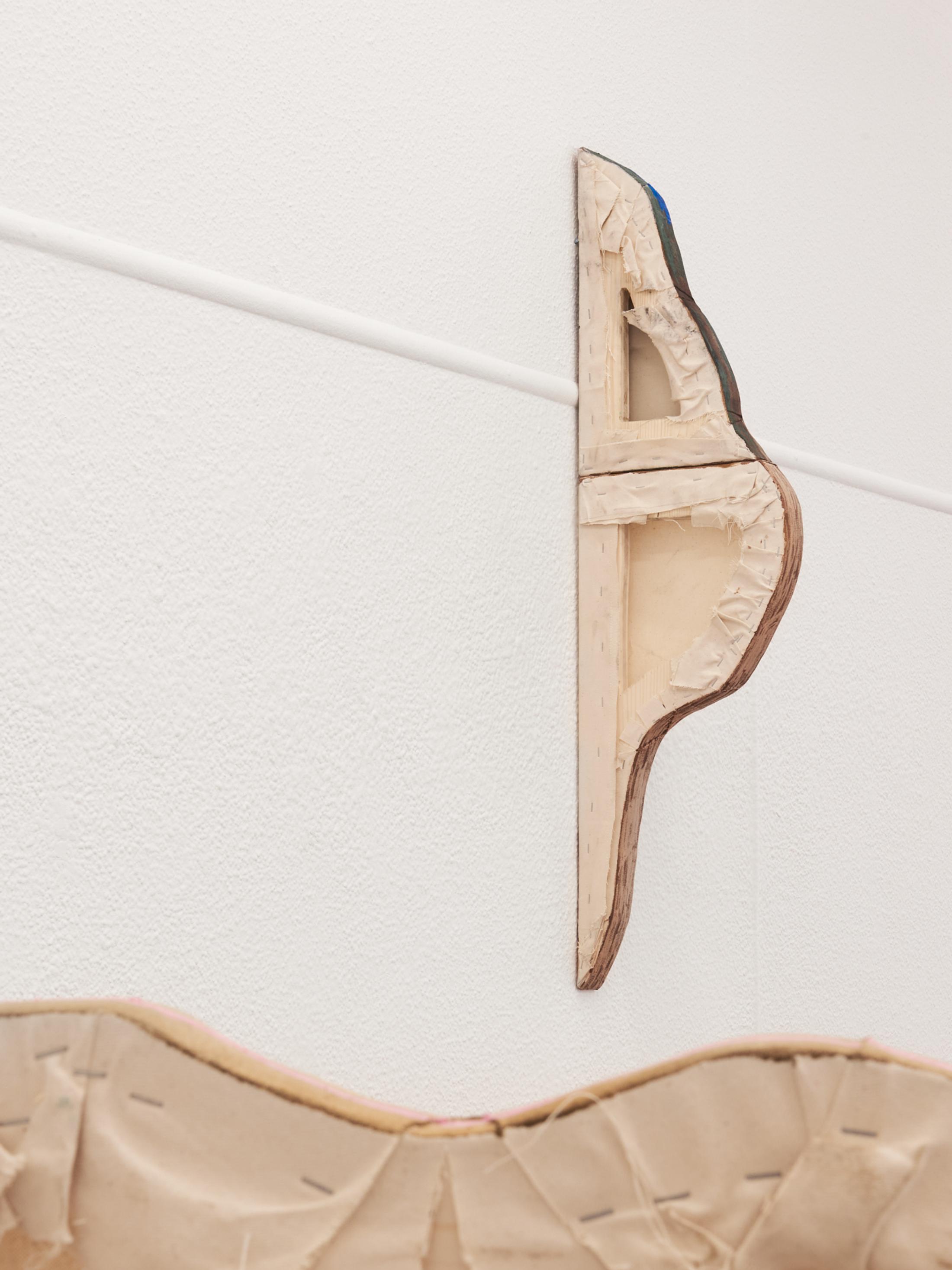 Exhibition View Group Show «A Drop Meant to Become a Stalactite, But Fell on the Seeker's Tor; view on Linus Baumeler, Crawling towards the cave’s horizon, 2023, Oil pastel, Acrylic, Oil paint, Charcoal, Cotton, Wood» at Krone Couronne, Biel, 2023 / Photo: Thalles Piaget / Courtesy: the artist and Krone Couronne