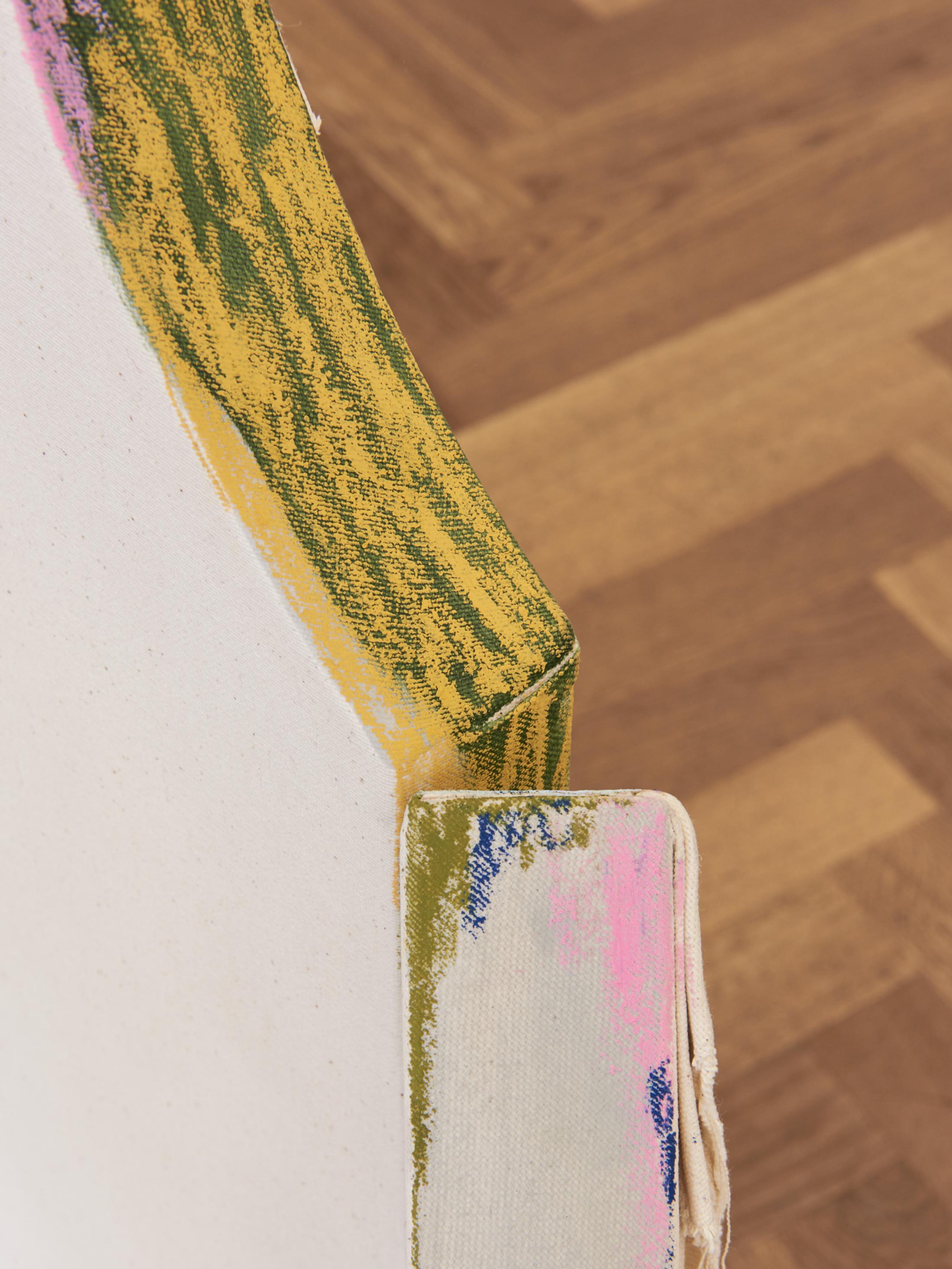 Exhibition View Group Show «A Drop Meant to Become a Stalactite, But Fell on the Seeker's Tor; view on Linus Baumeler, Crawling towards the cave’s horizon, 2023, Oil pastel, Acrylic, Oil paint, Charcoal, Cotton, Wood» at Krone Couronne, Biel, 2023 / Photo: Thalles Piaget / Courtesy: the artist and Krone Couronne