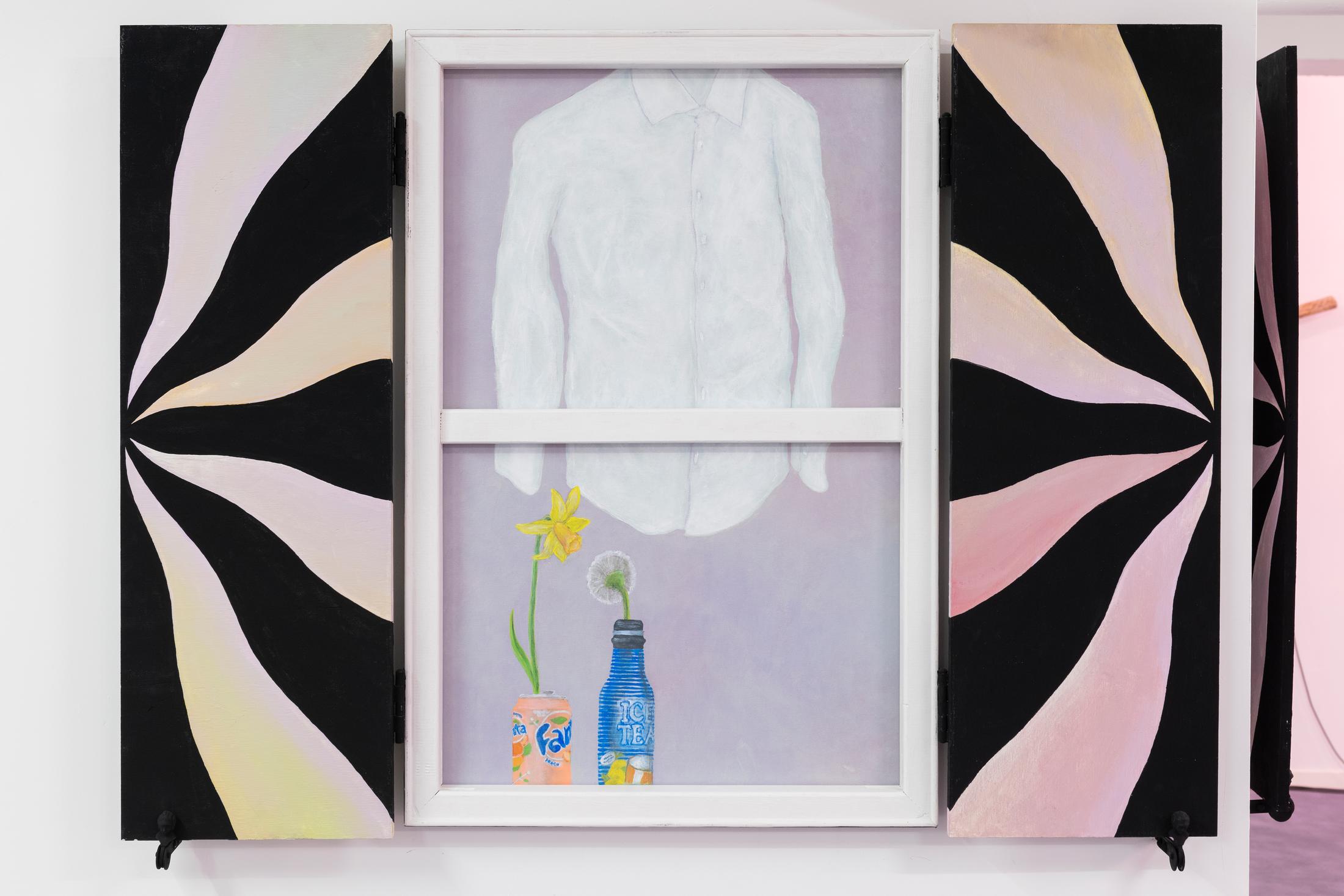 Exhibition View Adam Cruces Solo Show «Eavesdropping; view on Adam Cruces, Flowers and Fruits, 2022, Wood, paint, hardware, canvas, 90 x 120 cm open, 90 x 60 cm closed» at Blue Velvet Projects, Zurich, 2022 / Photo: Flavio Karrer / Courtesy: the artist and Blue Velvet Projects