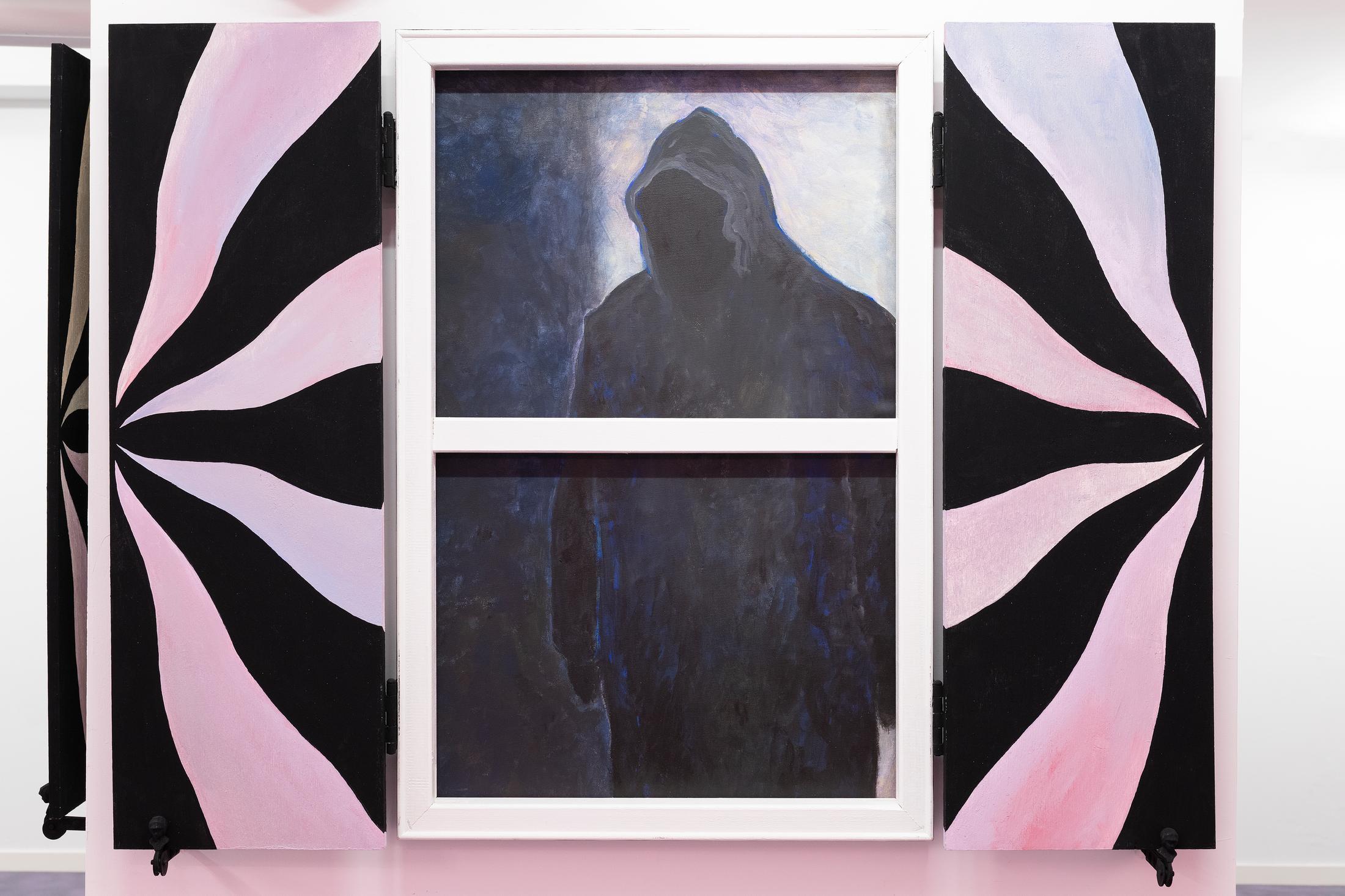 Exhibition View Adam Cruces Solo Show «Eavesdropping; view on Adam Cruces, Guest, 2022, Wood, paint, hardware, canvas, 90 x 120 cm open, 90 x 60 cm closed» at Blue Velvet Projects, Zurich, 2022 / Photo: Flavio Karrer / Courtesy: the artist and Blue Velvet Projects