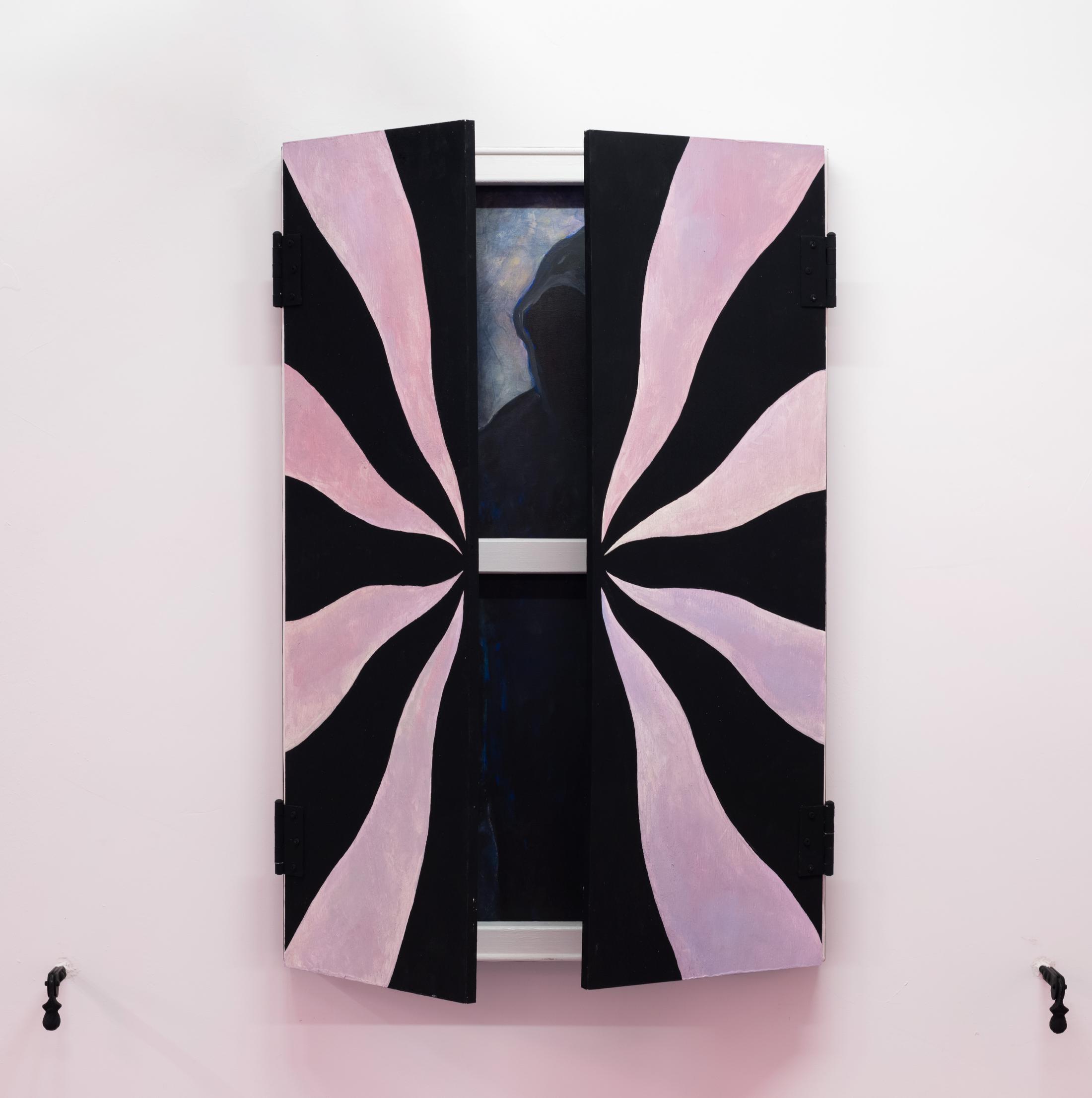 Exhibition View Adam Cruces Solo Show «Eavesdropping; view on Adam Cruces, Guest, 2022, Wood, paint, hardware, canvas, 90 x 120 cm open, 90 x 60 cm closed» at Blue Velvet Projects, Zurich, 2022 / Photo: Flavio Karrer / Courtesy: the artist and Blue Velvet Projects