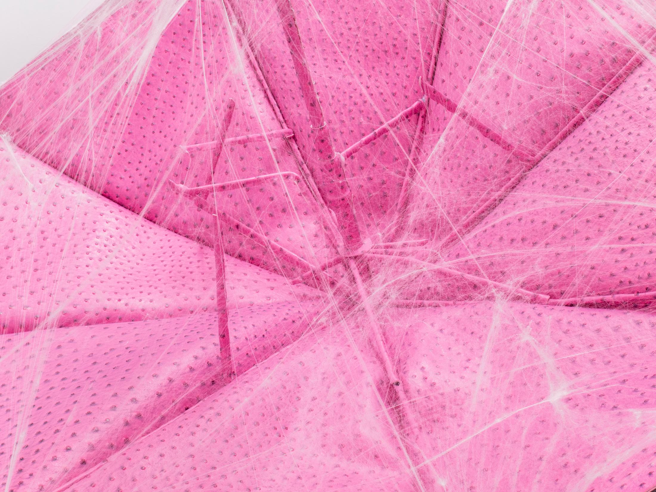 Exhibition View Adam Cruces Solo Show «Eavesdropping; view on Adam Cruces, Souvenir (Detail), 2022, Faux ostrich skin, umbrella parts, cobwebs, 110 x 110 cm» at Blue Velvet Projects, Zurich, 2022 / Photo: Flavio Karrer / Courtesy: the artist and Blue Velvet Projects