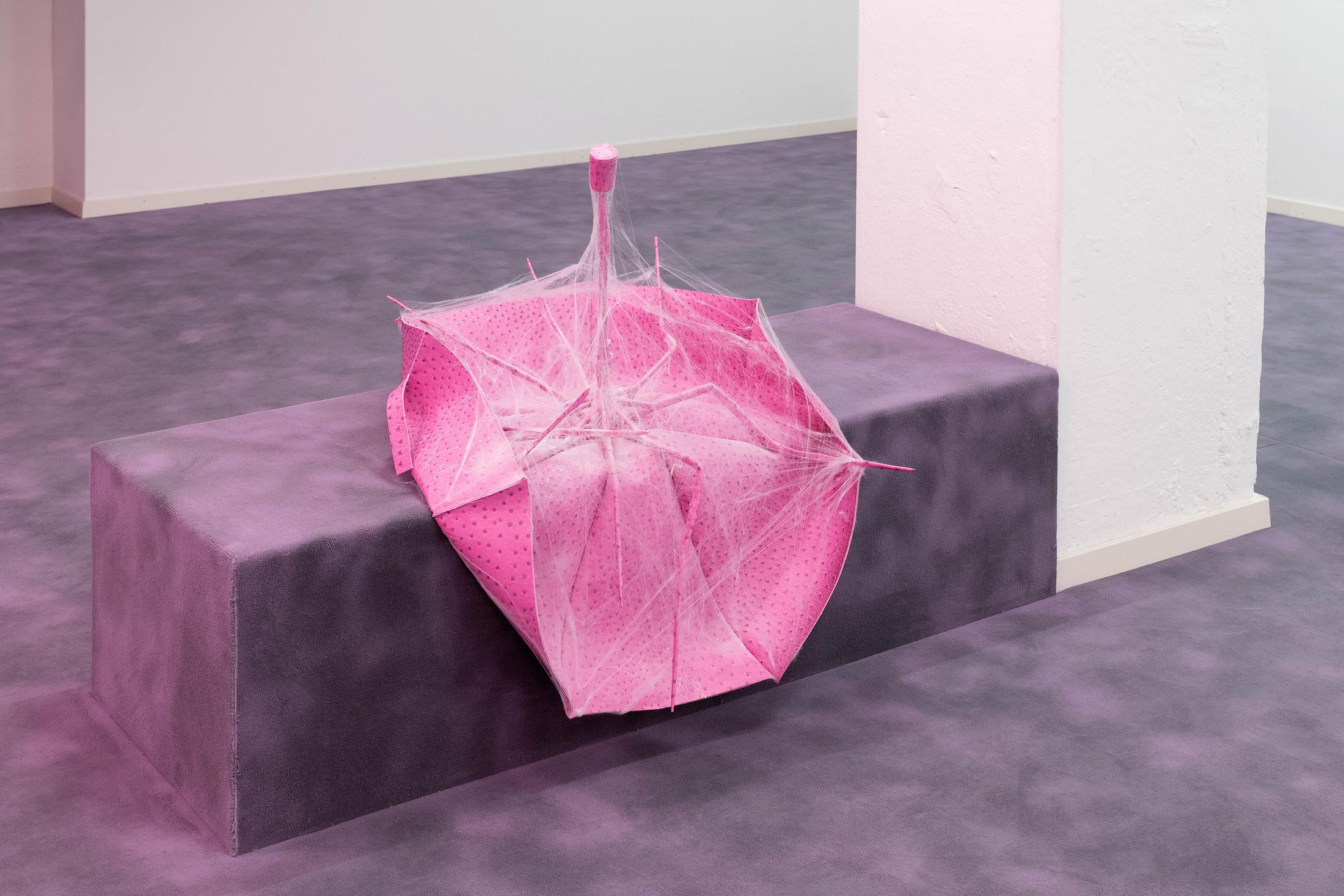 Exhibition View Adam Cruces Solo Show «Eavesdropping; view on Adam Cruces, Remnant, 2022, Faux ostrich skin, umbrella parts, cobwebs, 100 x 90 cm» at Blue Velvet Projects, Zurich, 2022 / Photo: Flavio Karrer / Courtesy: the artist and Blue Velvet Projects