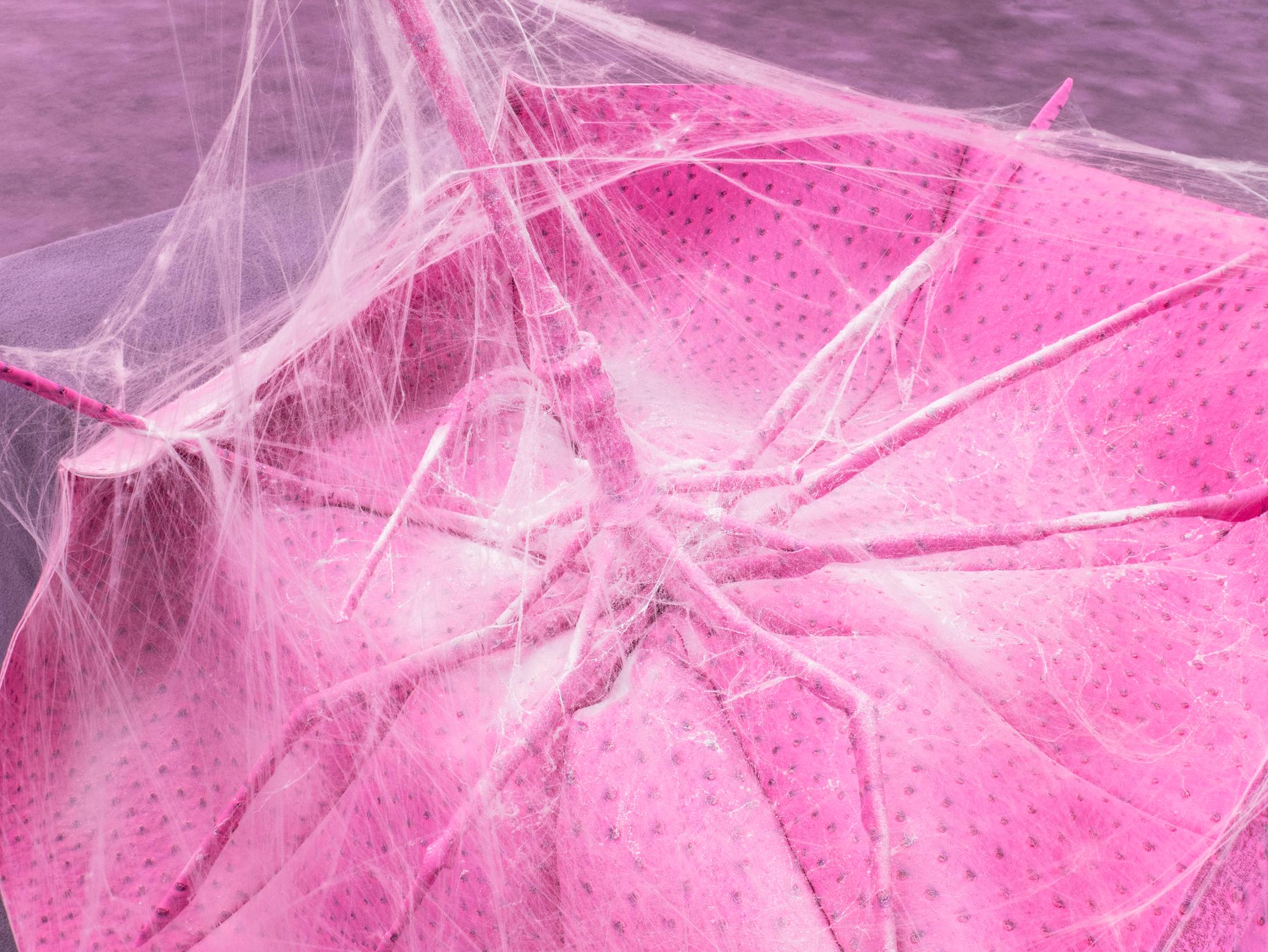 Exhibition View Adam Cruces Solo Show «Eavesdropping; view on Adam Cruces, Remnant (Detail), 2022, Faux ostrich skin, umbrella parts, cobwebs, 100 x 90 cm» at Blue Velvet Projects, Zurich, 2022 / Photo: Flavio Karrer / Courtesy: the artist and Blue Velvet Projects