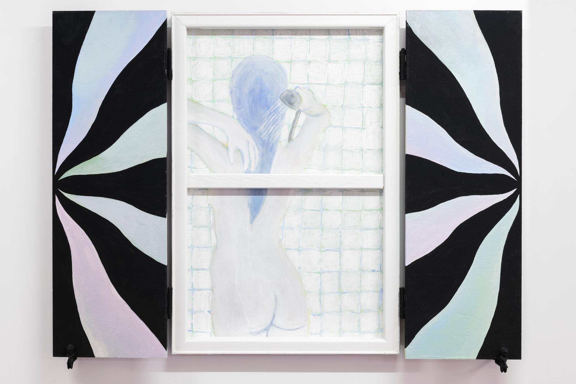 Exhibition View Adam Cruces Solo Show «Eavesdropping; view on Adam Cruces, Bather, 2022, Wood, paint, hardware, canvas, 90 x 120 cm open, 90 x 60 cm closed» at Blue Velvet Projects, Zurich, 2022 / Photo: Flavio Karrer / Courtesy: the artist and Blue Velvet Projects