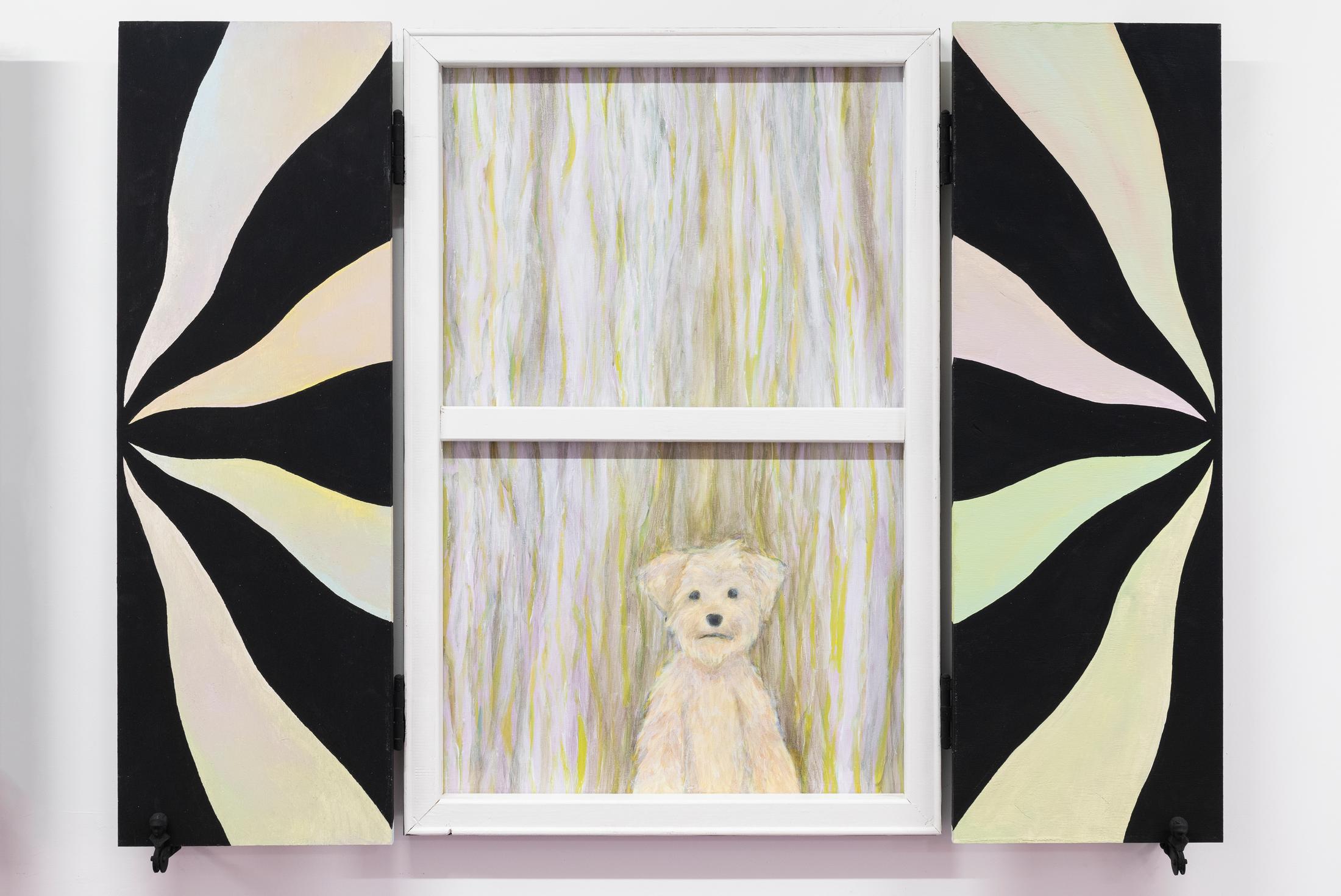 Exhibition View Adam Cruces Solo Show «Eavesdropping; view on Adam Cruces, Waiting, 2022, Wood, paint, hardware, canvas, 90 x 120 cm open, 90 x 60 cm closed» at Blue Velvet Projects, Zurich, 2022 / Photo: Flavio Karrer / Courtesy: the artist and Blue Velvet Projects