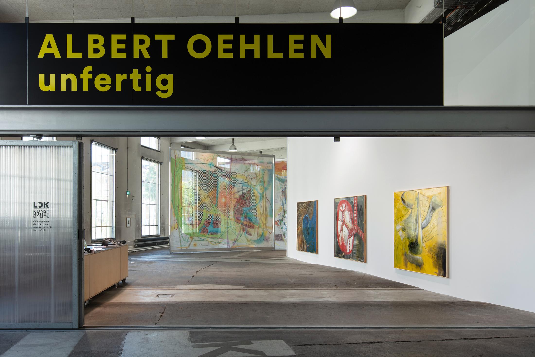Exhibition View Albert Oehlen Soloshow «unfinished» at Lokremise, St. Gallen by Kunstmuseum St. Gallen / Photo: Stefan Rohner / Courtesy: the artist