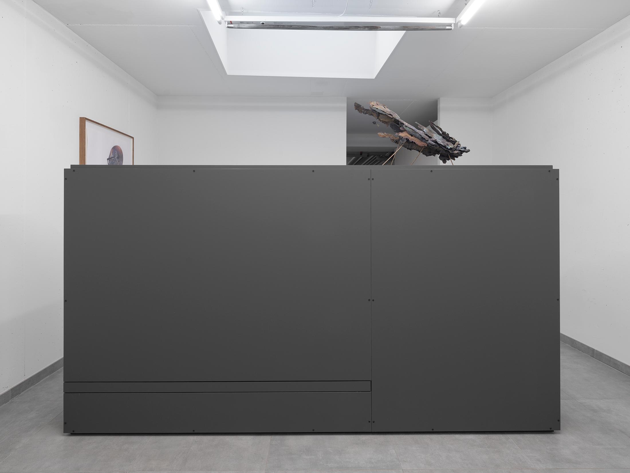 Exhibition View Alessandro Di Pietro Solo Show «Occult Desserts; view on Alessandro di Pietro, FLX Recorder (plinth), 2021, Laminate wood, stainless steel, plexiglass, 134 x 250 x 30 cm» at All Stars, Lausanne, 2022 / Photo: Julien Gremaud / Courtesy: the artist and All Stars