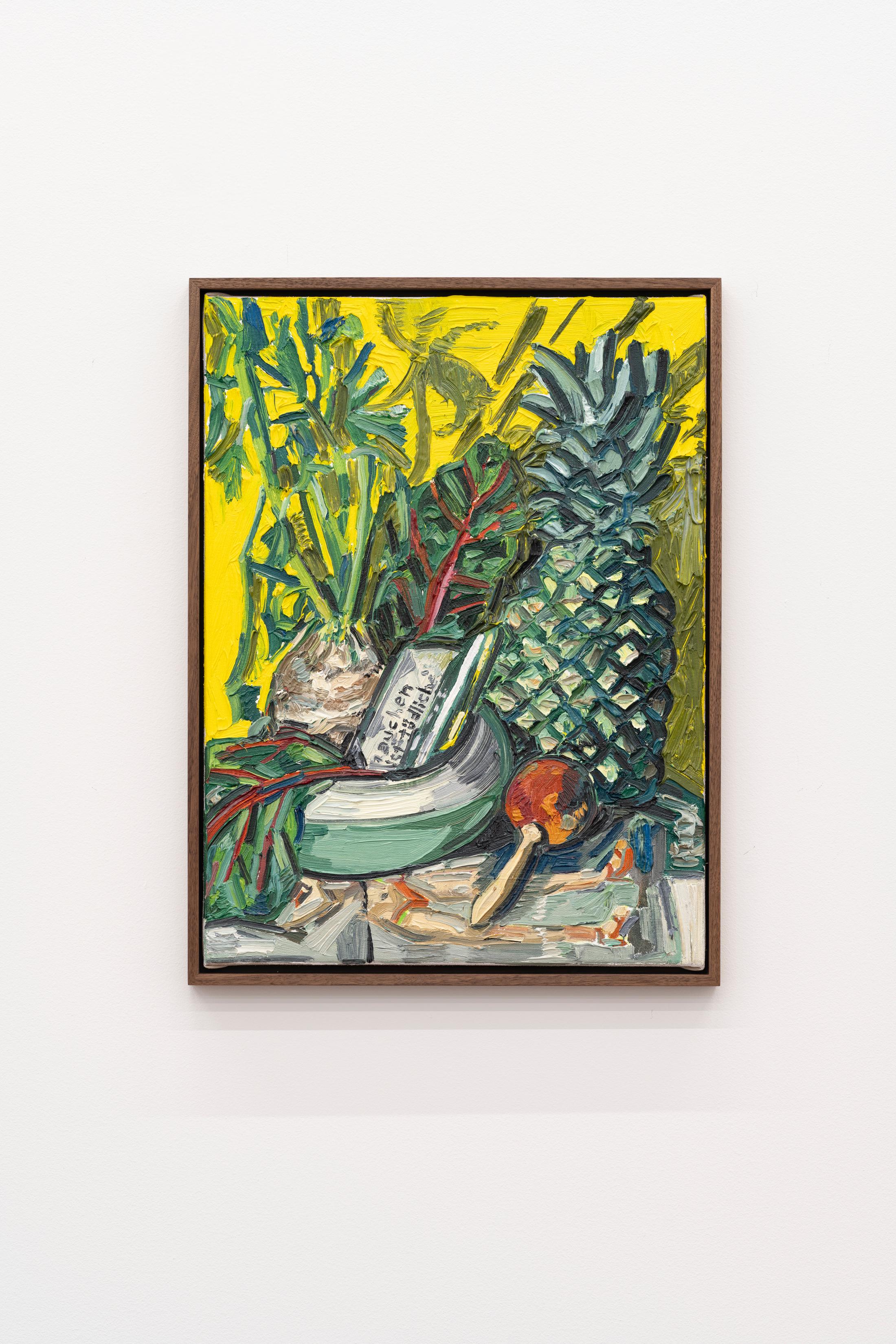 Exhibition View Alex Becerra Solo Show «Pleasure Paintings; view on Alex Becerra, Monday Lunch, 2022, Oil on Canvas, 61 x 45 cm» at Karma International, Zurich, 2022-2023 / Photo: Annik Wetter / Courtesy: the artist and Karma International