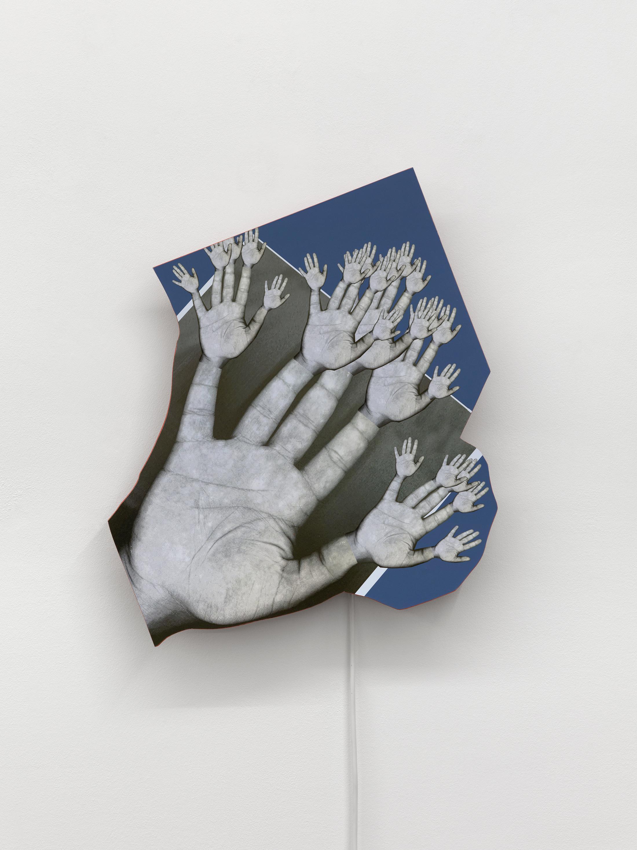 Exhibition View Alfredo Aceto Solo Show «Builders Supply; view on Alfredo Aceto, Girotondo, 2023, Inkjet Print on Wood, Motor, 66 x 53 x 5 cm» at Galerie Lange + Pult, Zurich, 2023 / Photo: Annik Wetter / Courtesy: the artist and Galerie Lange + Pult