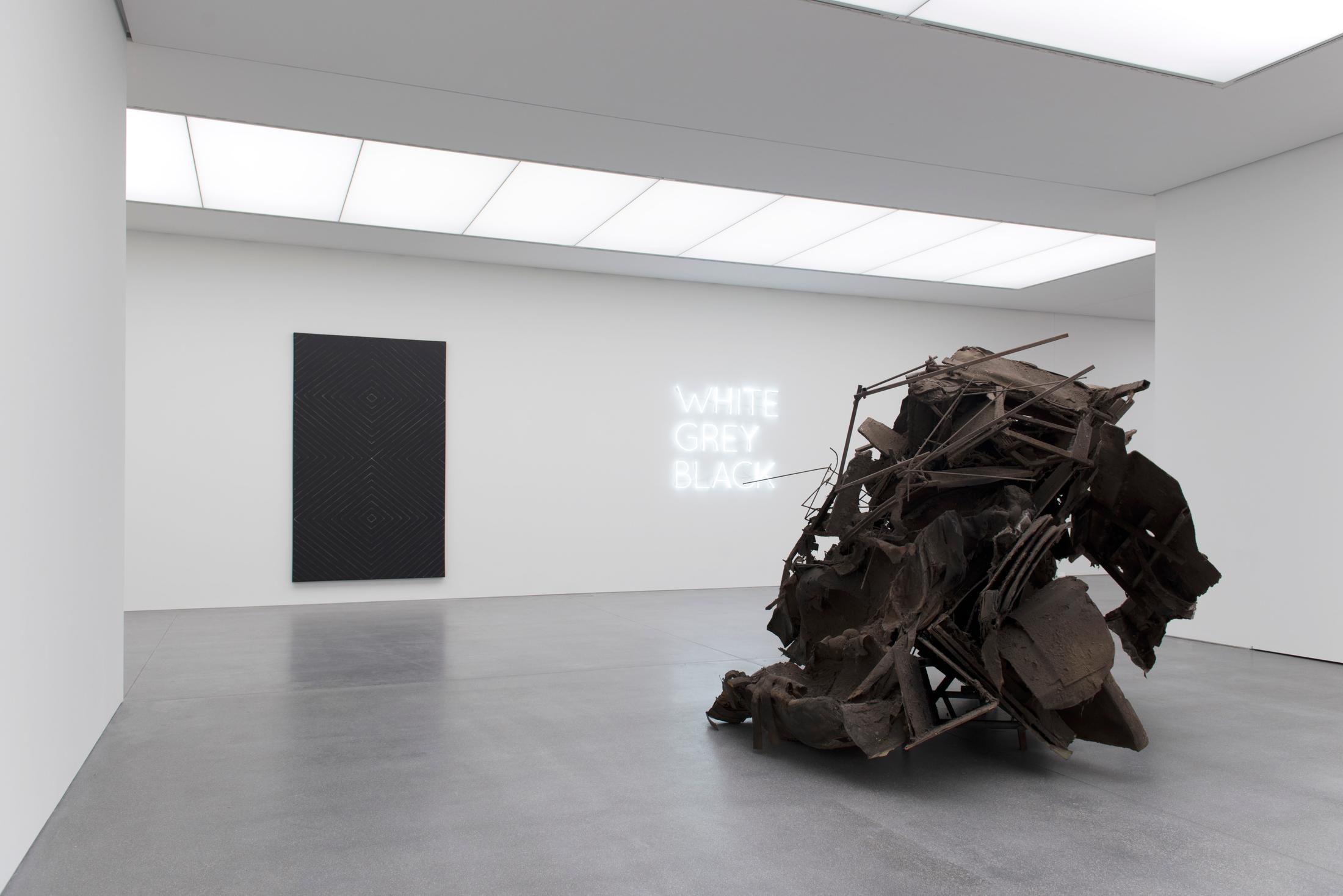 Exhibition View «ALWAYS DIFFERENT, ALWAYS THE SAME» with Frank Stella, Bethan Huws, Peter Buggenhout (f.l.t.r.) / Courtesy: the artists and Bündner Kunstmuseum, Chur