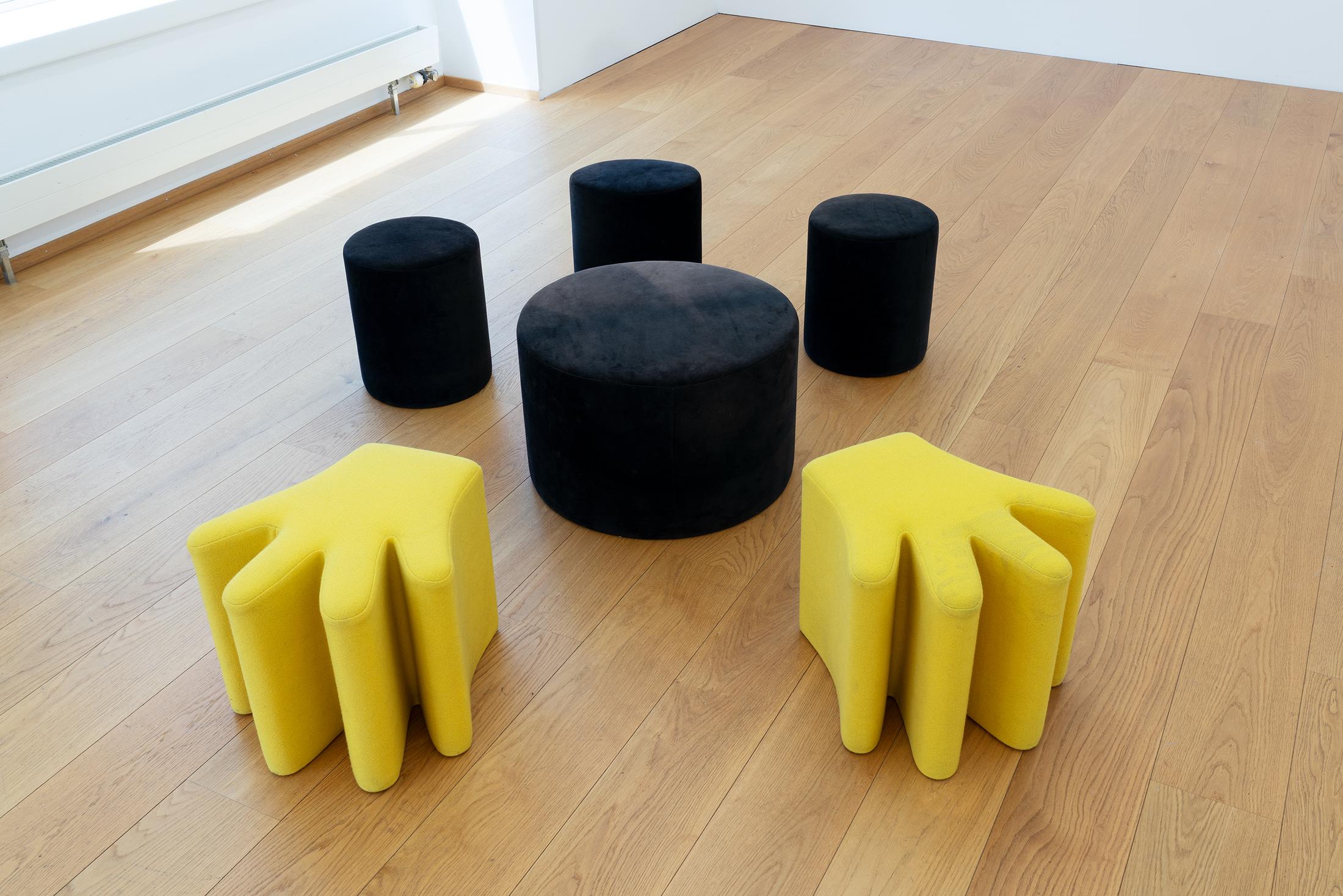 Exhibition View Groupshow «Among Them; view on Cinzia Ruggeri (1942 - 2019), Topolino Puff, 1980s, Velvet poufs (Prototype)» at Kirchgasse, Steckborn, 2020 / Courtesy: Francesca Pia