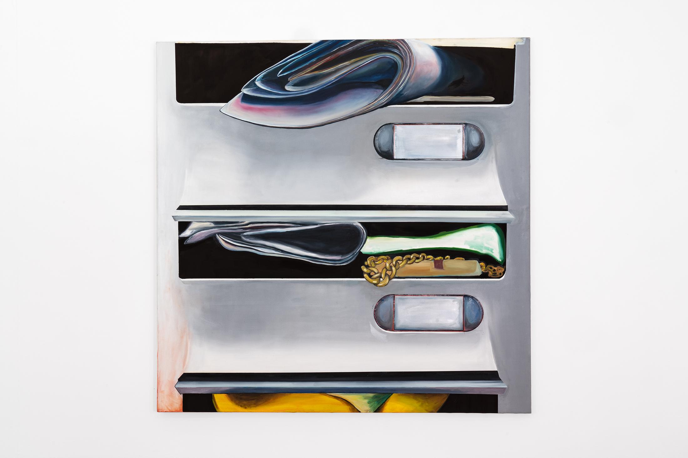 Exhibition View Groupshow «Among Them; view on Demian Kern, I know you are just doing your job but would you mind (I wouldn't mind), 2020, Oil/Tempera on canvas» at Kirchgasse, Steckborn, 2020 / Courtesy: the artists and Kirchgasse