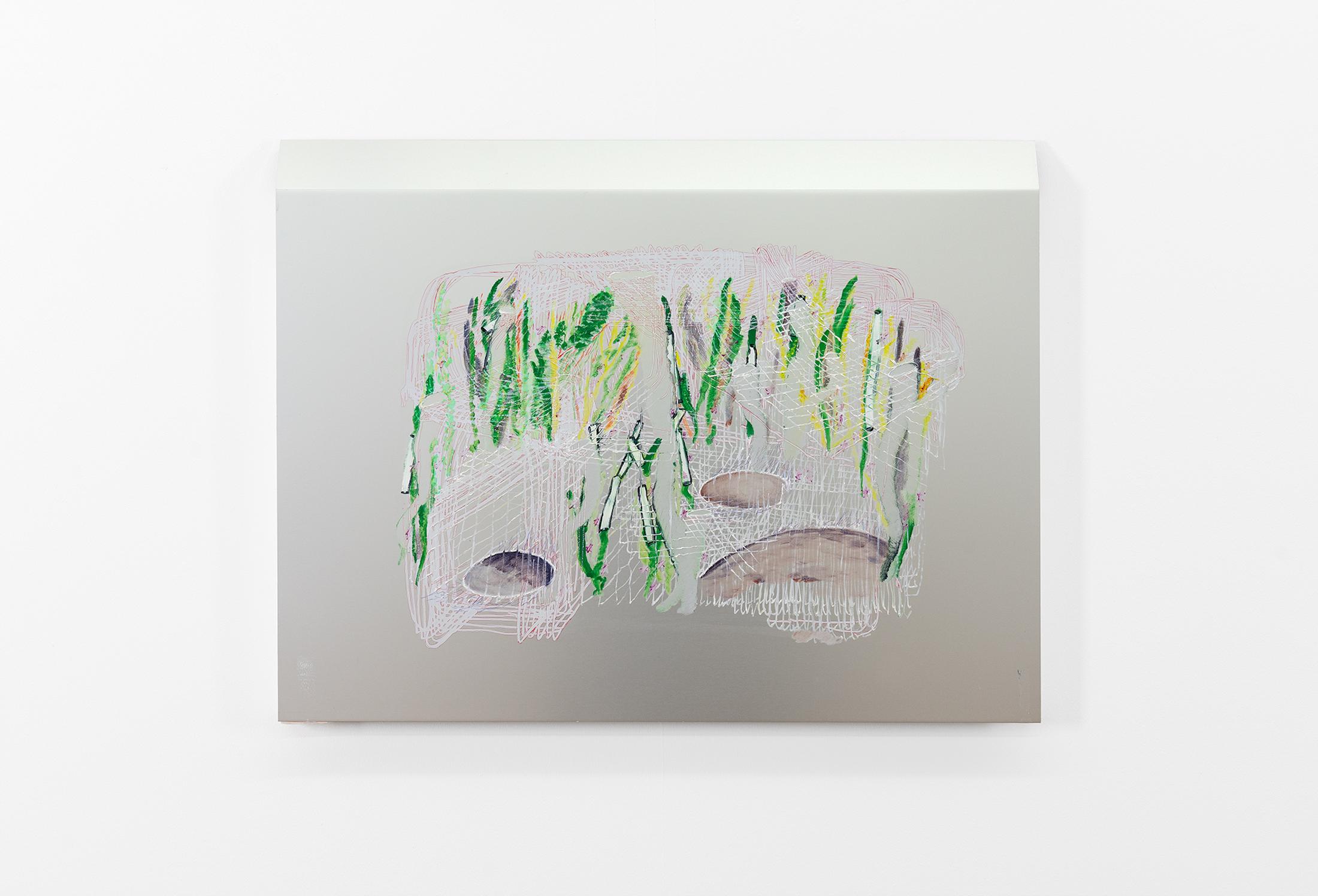 Exhibition View Groupshow «Among Them; Elza Sile, It is natural then, 2020, Oil/Acrylic, markers on aluminium plate» at Kirchgasse, Steckborn, 2020 / Courtesy: the artists and Kirchgasse