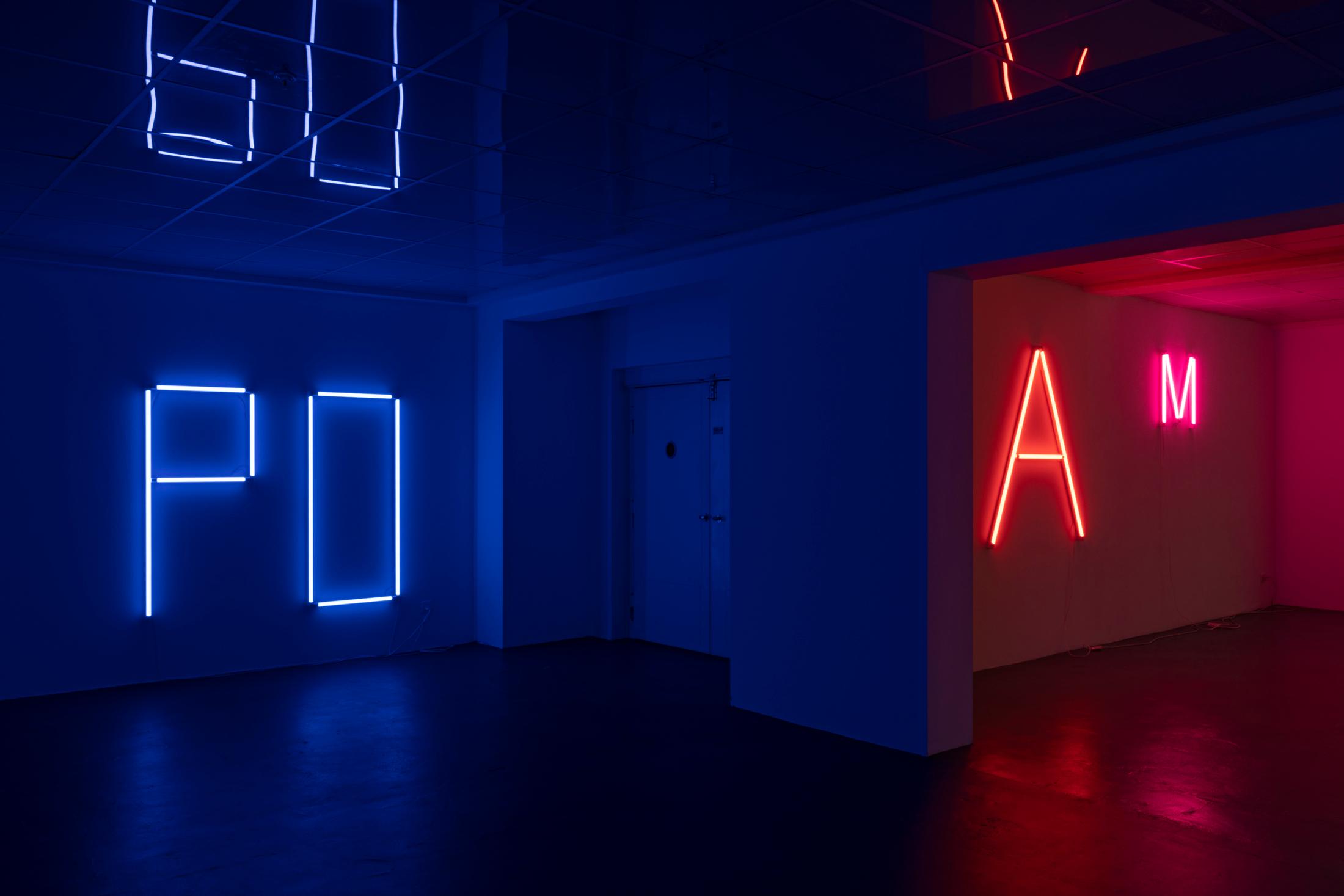 Exhibition View Anne-Lise Coste Solo Show «Poem Police; view on Anne-Lise Coste, PO (left) and AM (right), 2022» at Kunsthaus Baselland, Baselland, 2022 / Photo: Gina Folly / Courtesy: the artist and Galerie Elisabeth & Reinhard Hauff, Ellen de Bruijne, NoguerasBlanchard, Lullin + Ferrari, CAN Christina Androulidaki Gallery